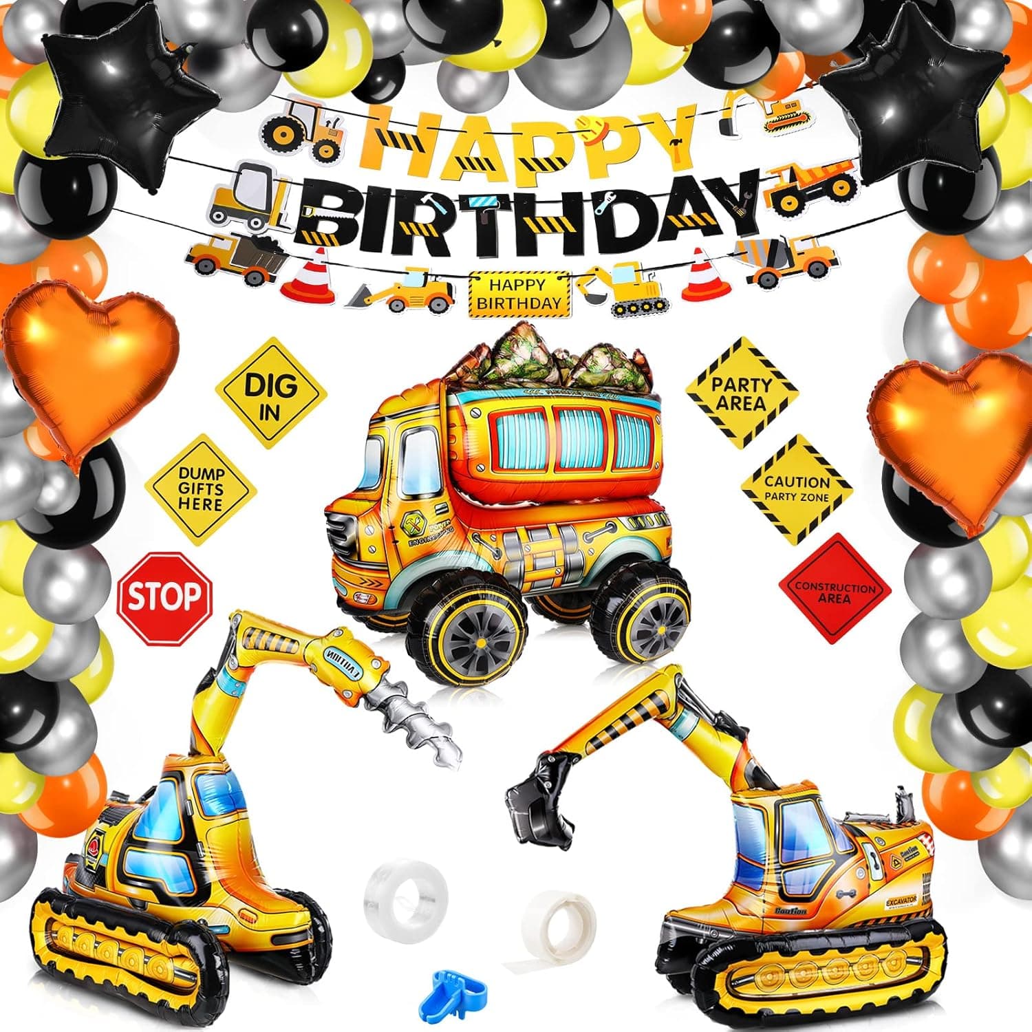57 Pieces Construction Birthday Party Supplies Large 3D Excavator Dump Truck Birthday Party Decorations Kit Dump Truck Theme Banner Construction Signs for Boy Kids Birthday Party Decoration Favors