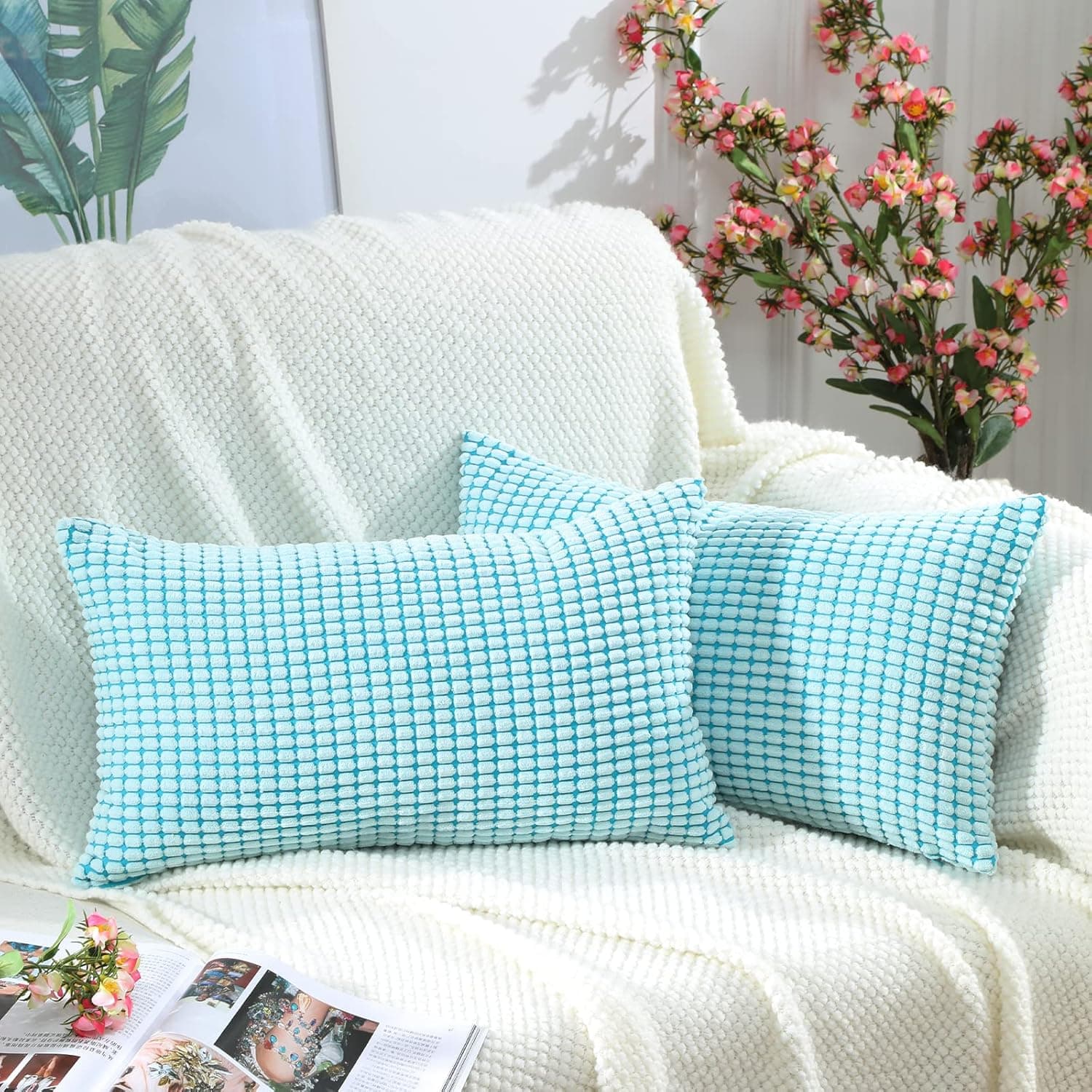 BeBen Throw Pillow Covers - Set of 2 Pillow Covers 16x16, Decorative Euro Pillow Covers, Soft Corduroy Cushion Case, Home Decor for Couch, Sofa (Light Blue, Teal Base, 12x20)