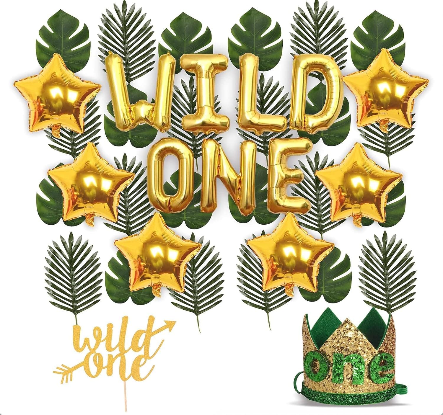 Wild One Birthday Decorations | 1st Baby Girl/Boy Birthday Party Hat Green Crown with Green Hair Band | 24 PCS Artificial Palm Leaves | 16" ‘Wild One’ Balloon | 6 pcs Star Balloon | Wild One Cake Topp