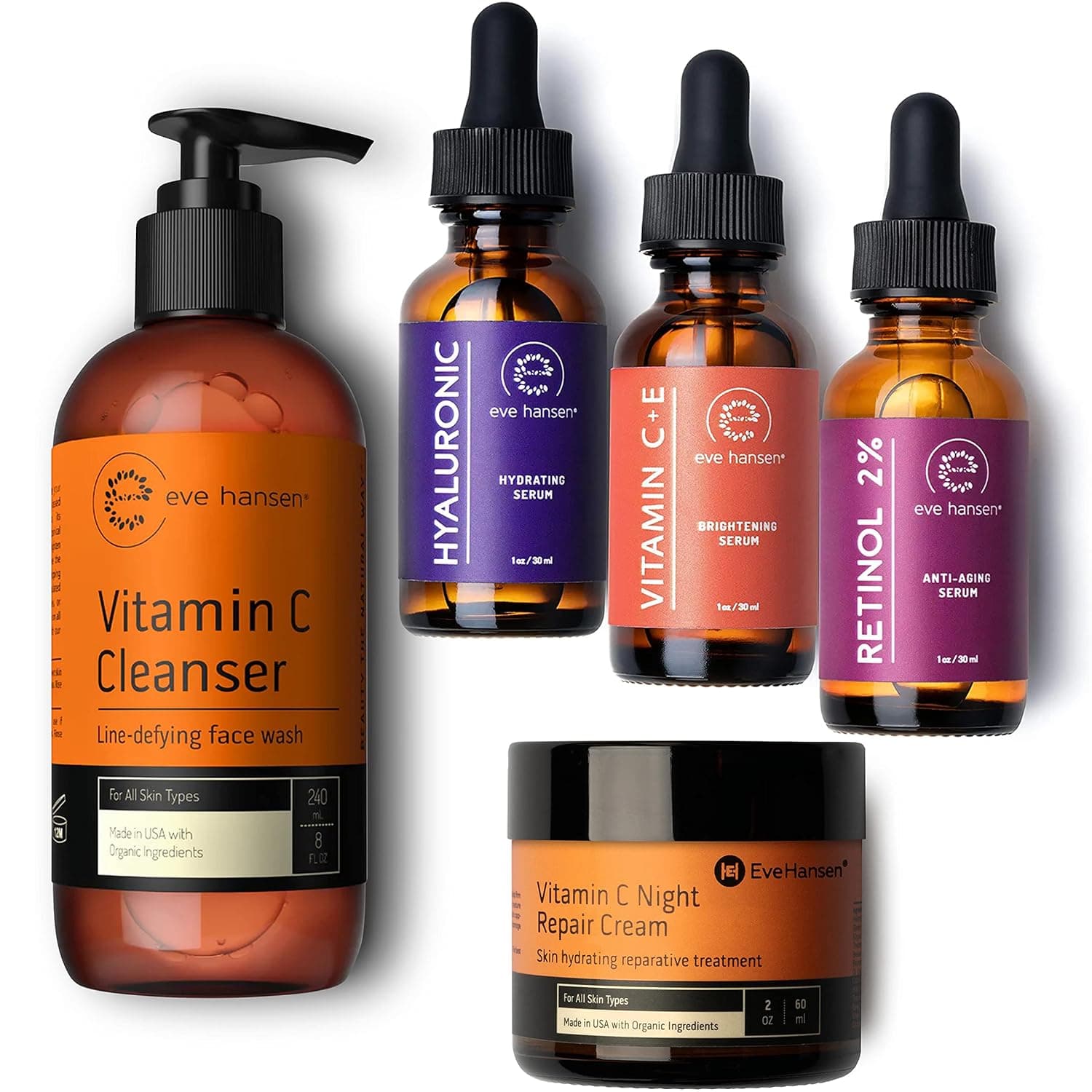 Eve Hansen Anti-Aging Serum Set + Vitamin C Skincare Basics: Vitamin C Serum, Hyaluronic Acid Serum, Retinol Serum for Face (3x1oz) | Vitamin C Cleanser Face Wash (8oz) | Vitamin C Night Cream 2 oz
