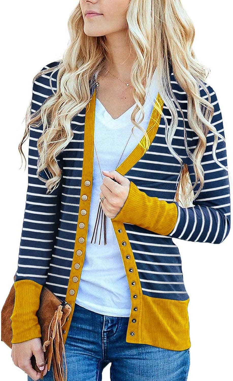 Faatoop Women's Button Down Knitwear Casual Long Sleeve V-Neck Open Front Striped Cardigan Sweater