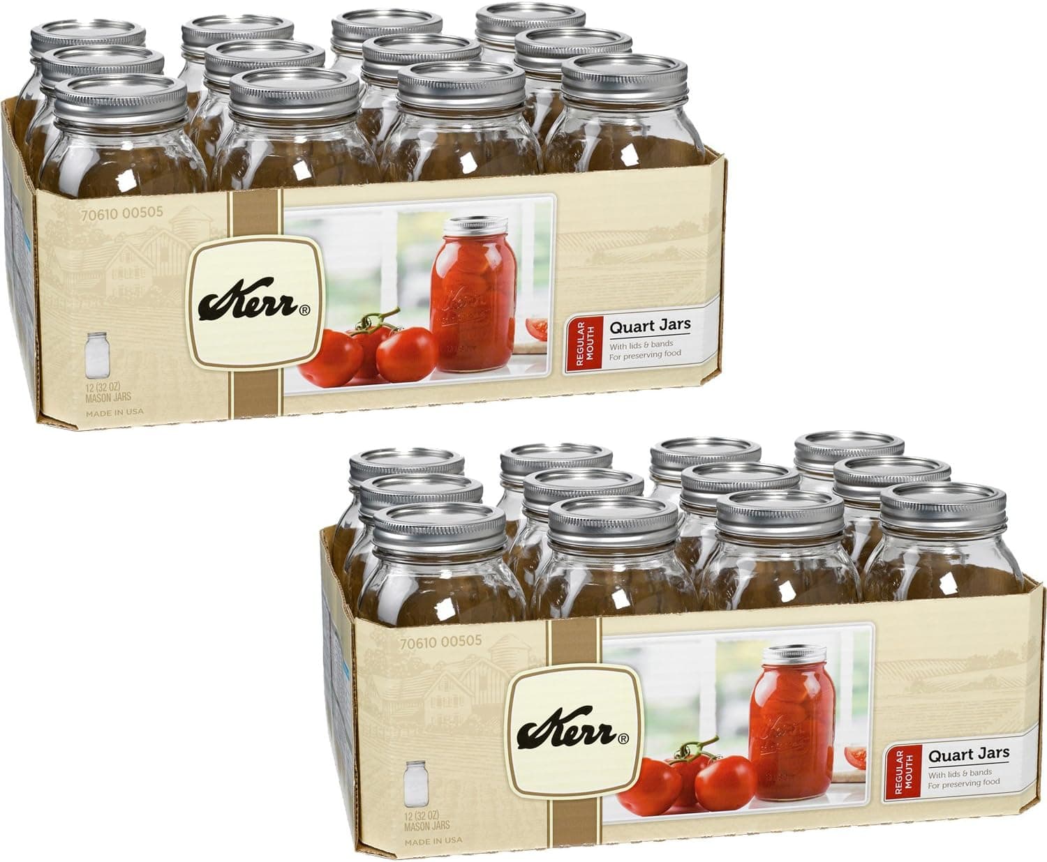 Kerr 00505 1 Quart Glass Canning Jars with Lids - 24 Pack