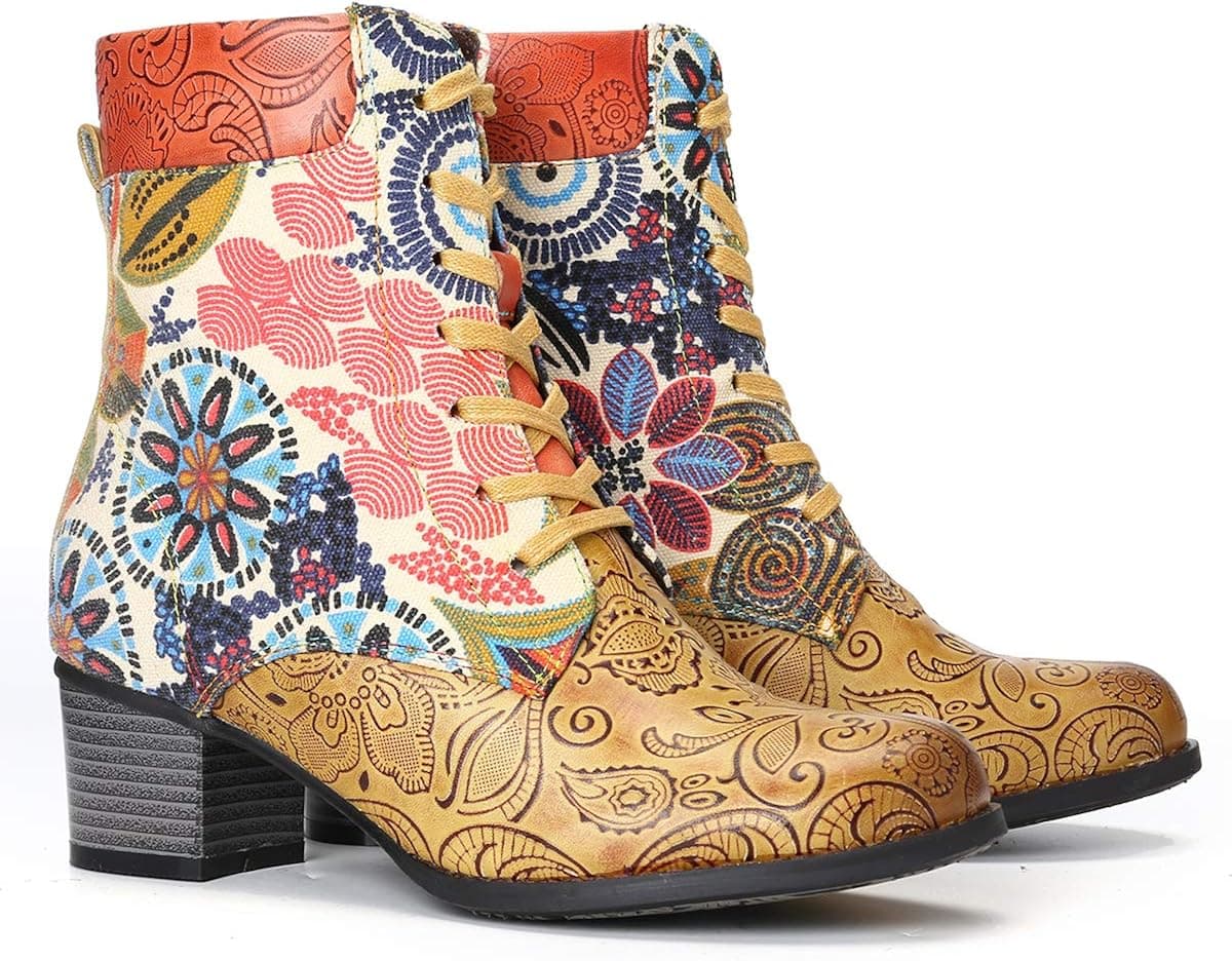 gracosy Leather Ankle Bootie for Women, Block Heel Boots Vintage Fashion Short Boots Side Zipper Floral Pattern Bohemia Handmade Lace up Boots