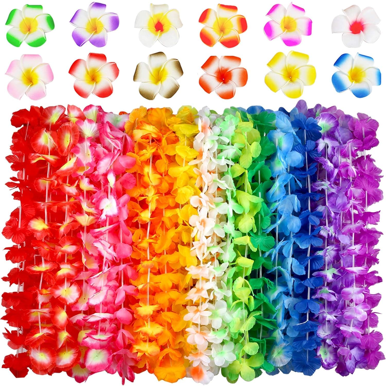 Hawaiian Leis, (54 Designs Total) 42 Flowers Necklaces 7 Colour and 12 Hair Clips for Party Supplies, Hawaiian Luau Decorations, Summer Beach Vacation, Tropical themed Party Favors, Birthday, Wedding