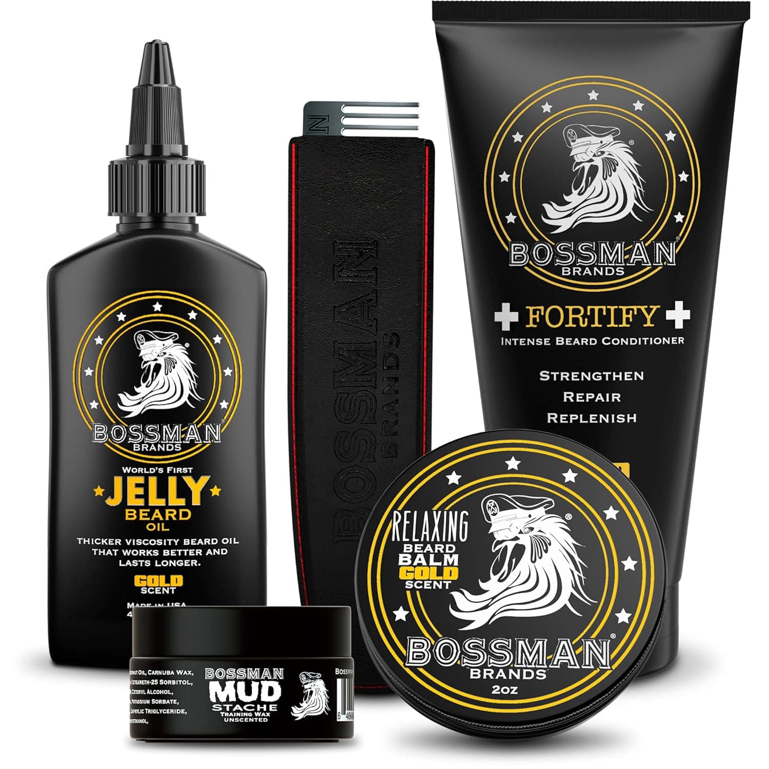 Bossman Complete Beard Kit - Men's Beard Oil Jelly, Fortify Shower Conditioner, Balm, Mustache Wax and Comb - Beard Softener, Growth, Care and Grooming Products Kit (Gold)