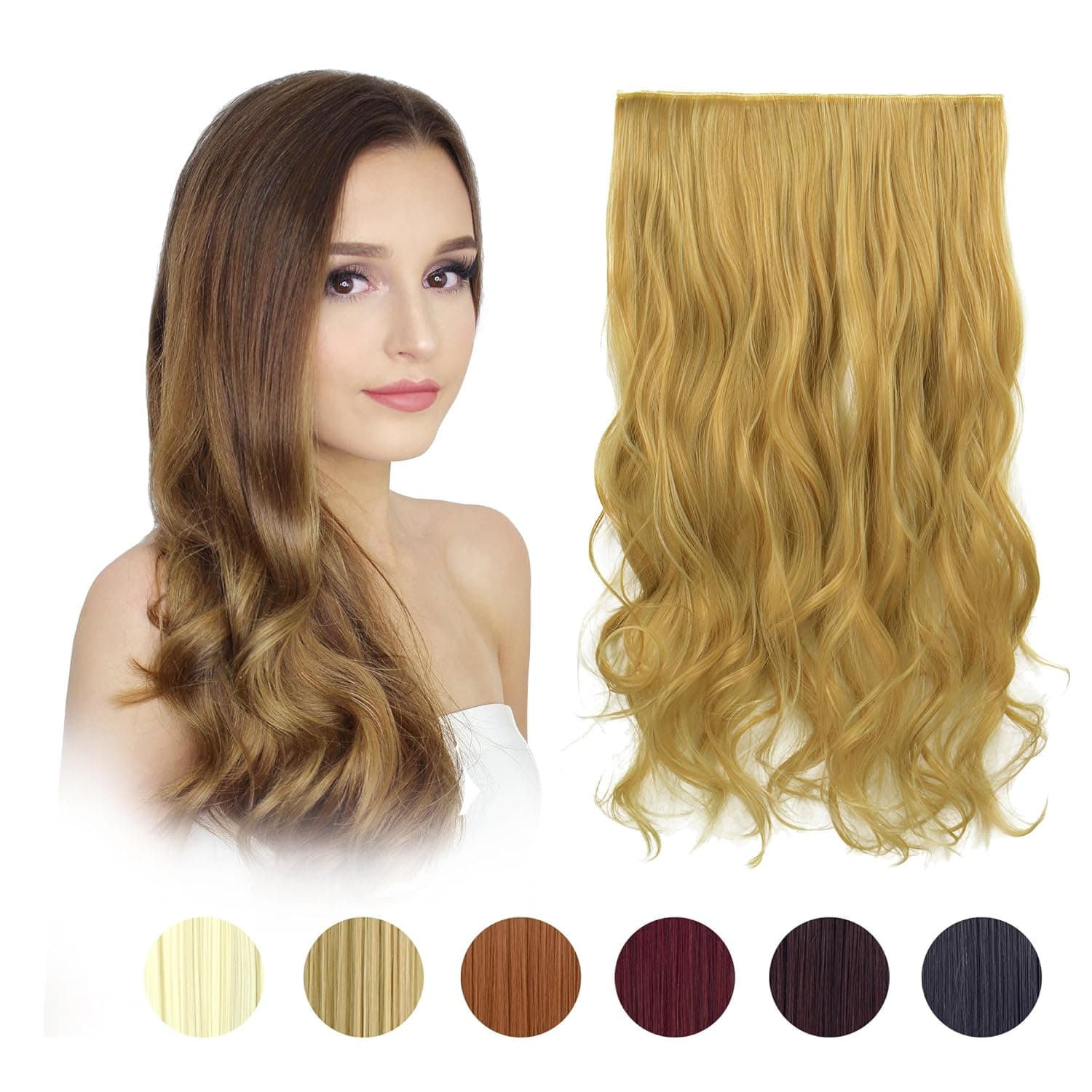 FESHFEN 20" One Piece 3/4 Full Head Clip in Hair Extensions Long Curly Wave Synthetic Hair Extensions 5 Clips Hairpieces for Women 130g(27/613 Strwberry Blonde & Bleach Blonde)