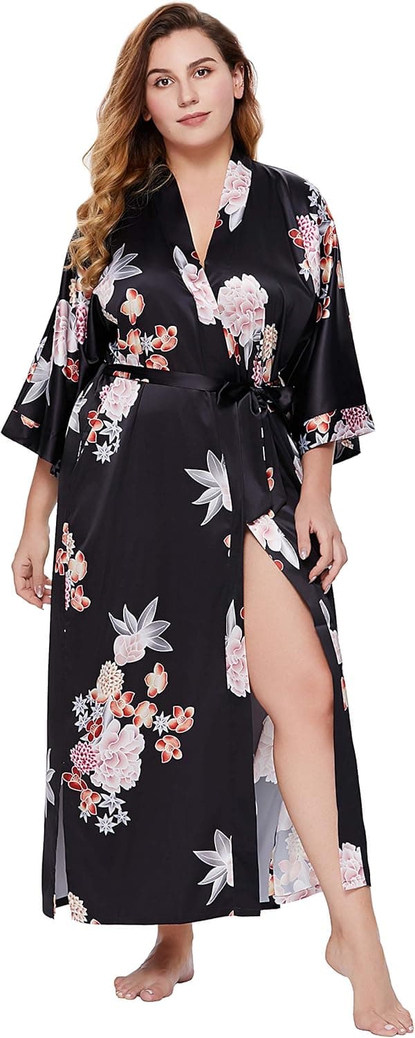 BABEYOND Long Kimono Robe Plus Size Floral Satin Robes Plus Size Kimono Cover Up Loose Cardigan Top Bachelorette Party Robe