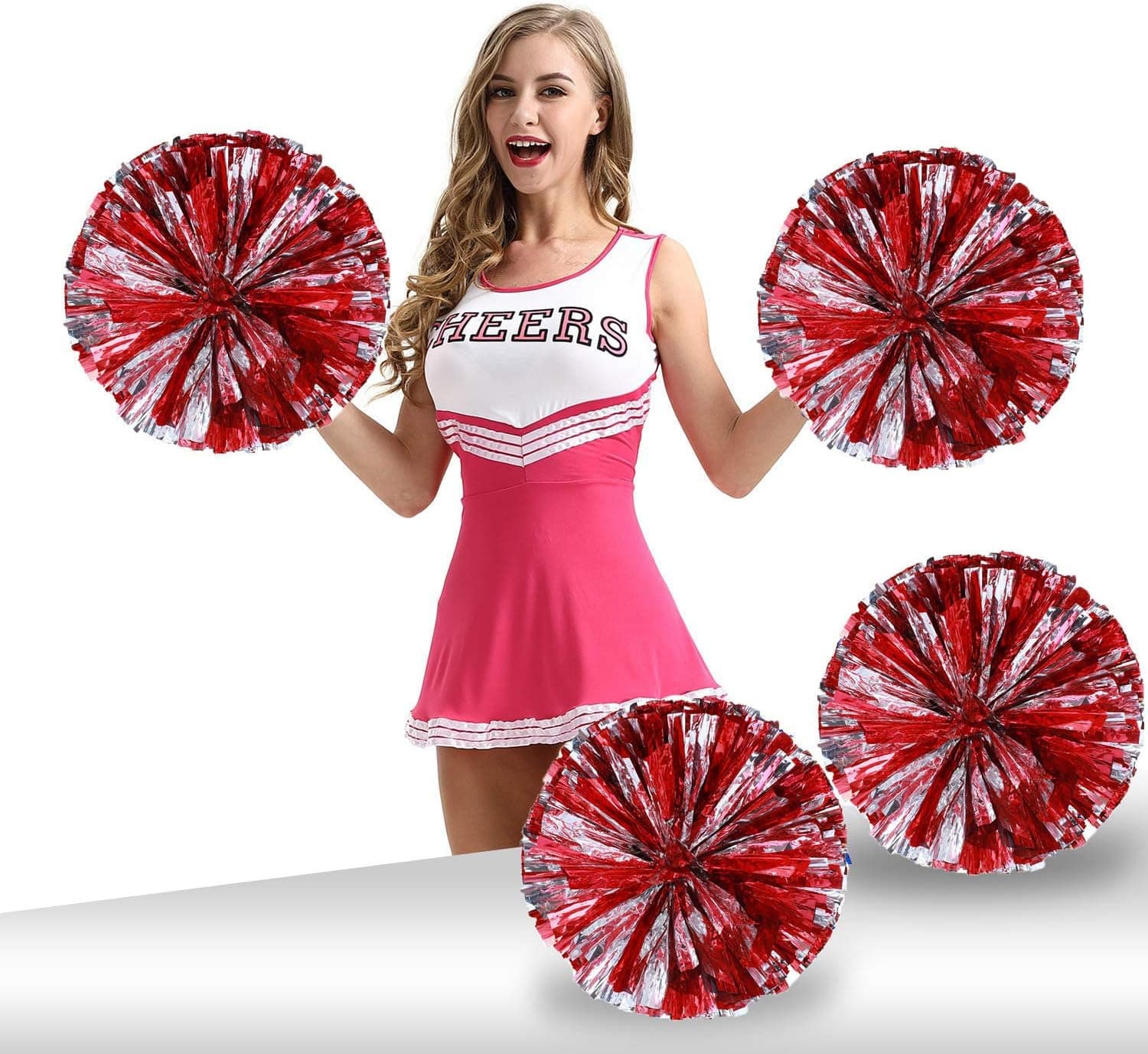Pack of 4 Cheerleading Pom Poms 12 inch 80g Foil Plastic Metallic Cheerleader Pom Poms for Cheer Sport Kids Adults Team Spirit Cheering