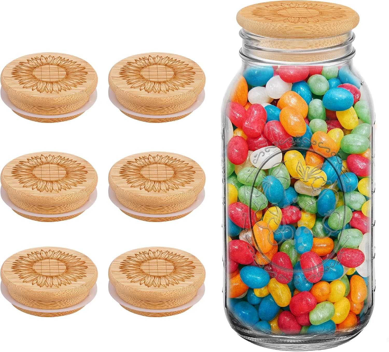 6 Pack Canning Lids, Bamboo Wood Jar Lids with Silicone Sealing Rings, Mason Jar Storage Mason Jar Lids Ball Jars (Sunflower)