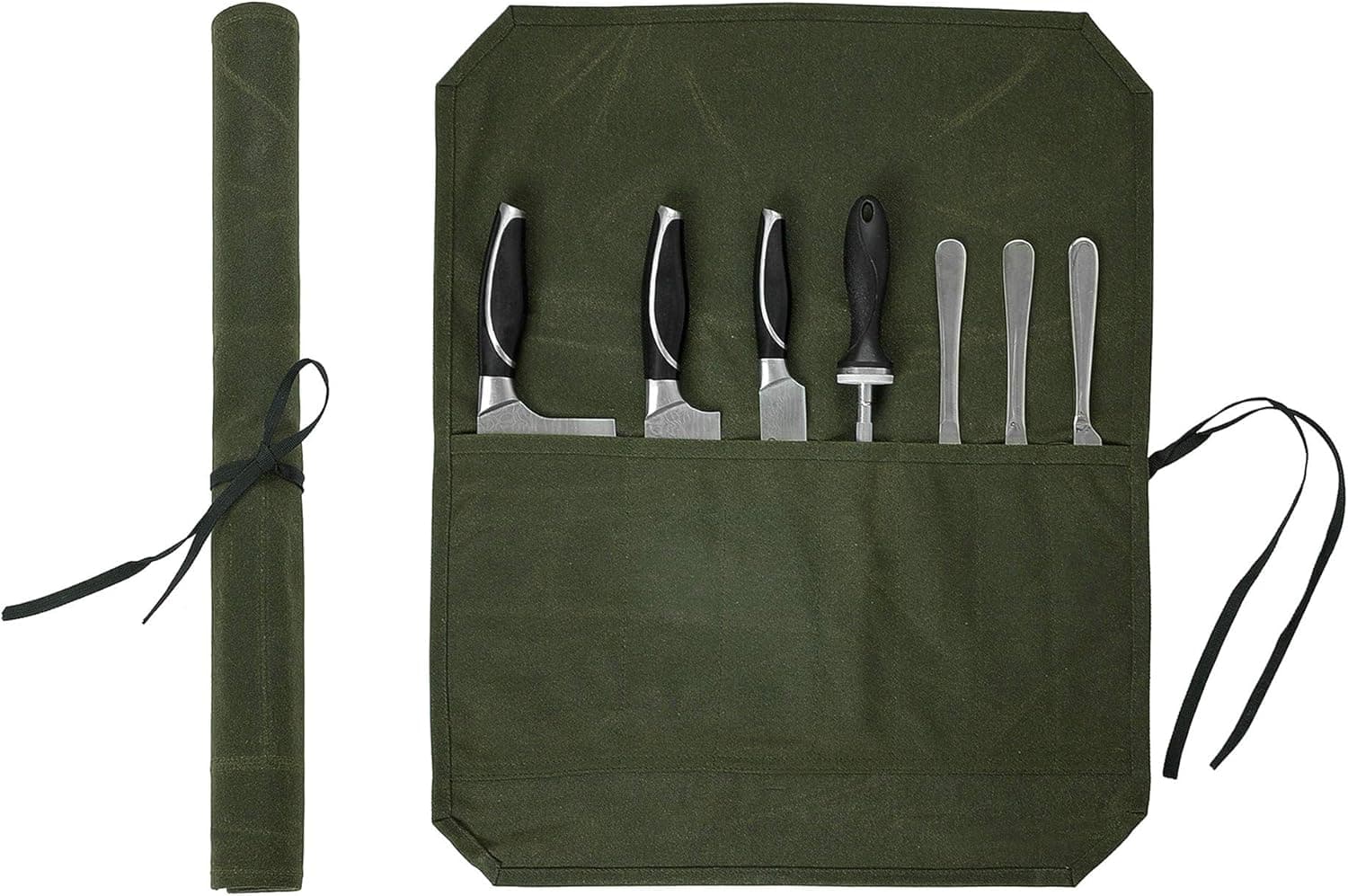 Heavy Duty Waxed Canvas Knife Roll Bag, Portable Chef Knife bag, Waterproof And Durable (Army Green)