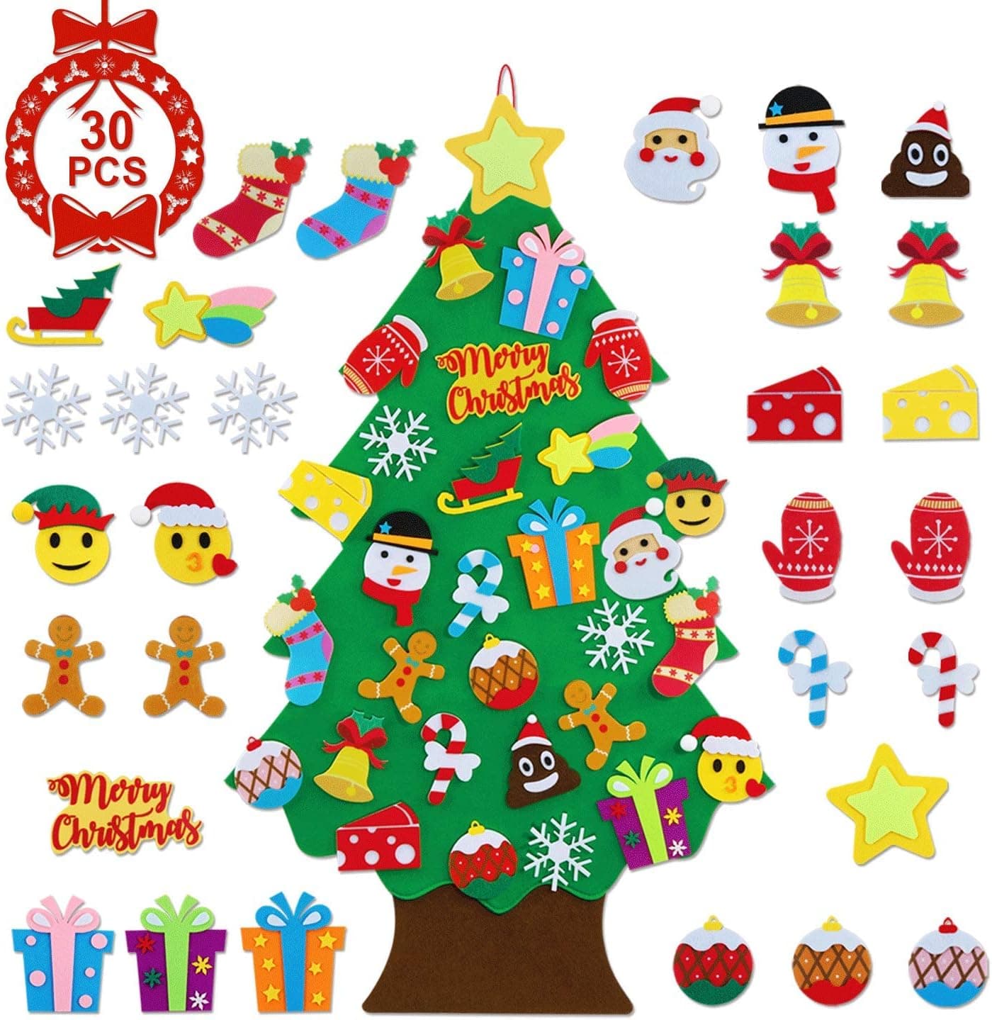 Felt Christmas Tree - 3.1 Ft Felt Christmas Tree for Kids, 30 Detachable Ornaments, Door Wall Hanging Xmas Gifts for Christmas Decoration