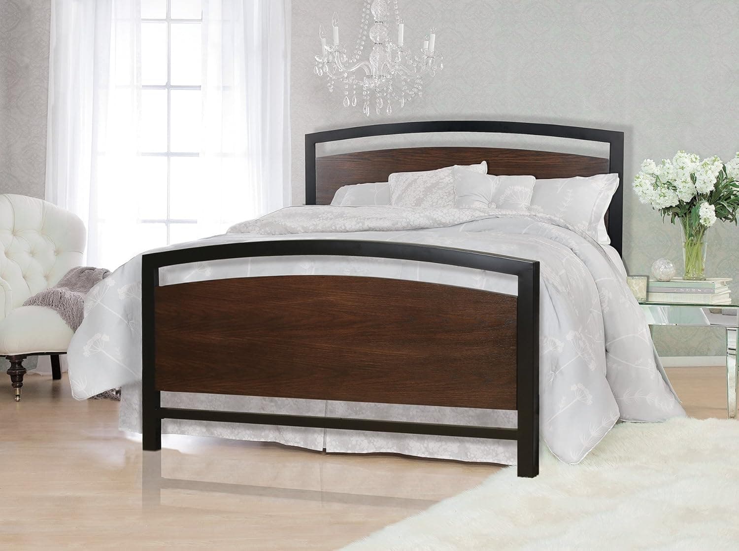 Bell'O Metal Bed Frame Queen, Cocoa Wood with Black Metal Finish Framing