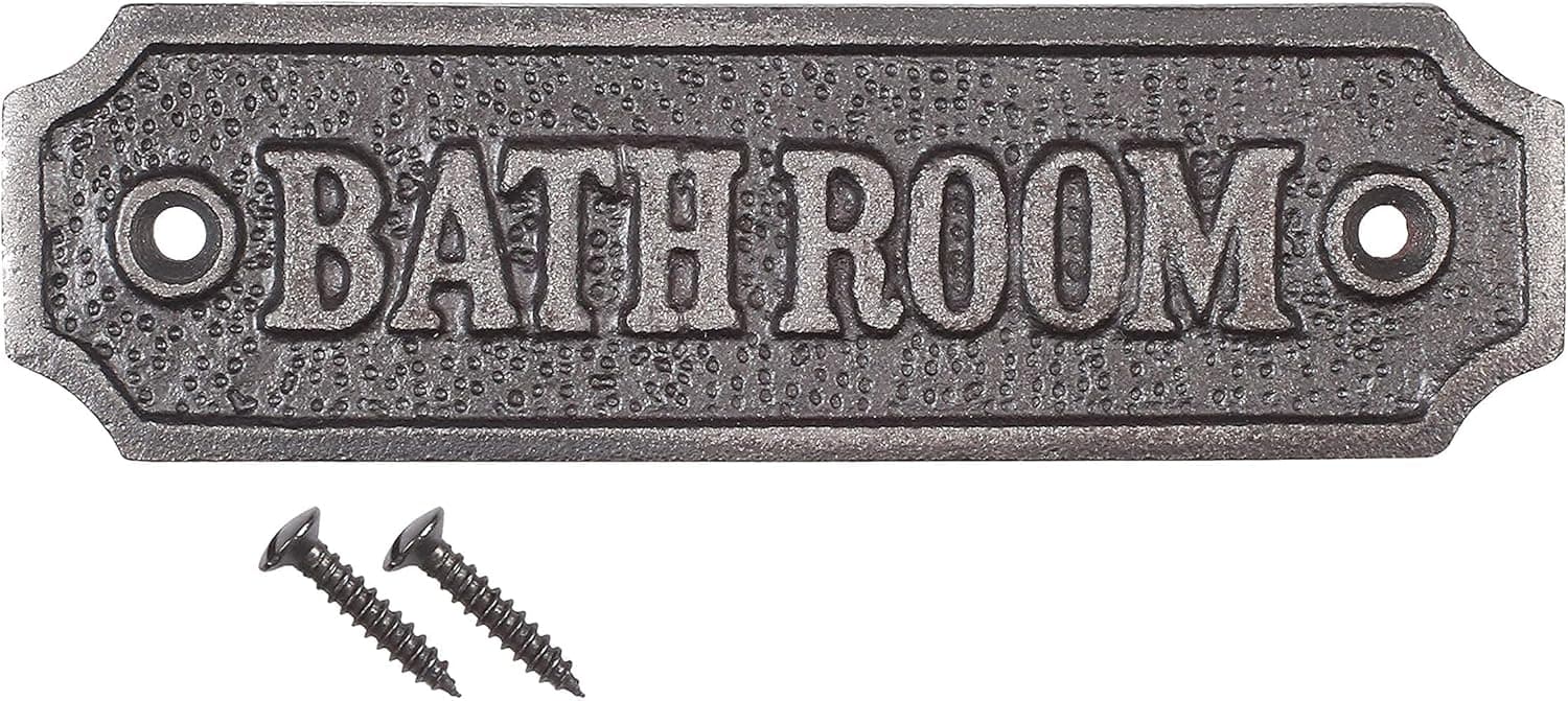 Cast Iron Bathroom Sign for Décor Farmhouse, Small Door Sign, Rustic Gate Plaque in Matt Lacquer, 4.5 X 1.5 inches; Includes Mounting Hardware