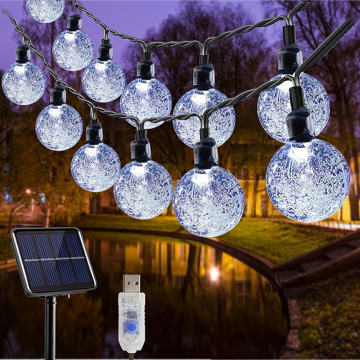 Juhefa String Lights Solar/USB Plug-in Powered, 19.7FT 40LED Waterproof Globe Garden Fairy Lights with 8 Modes for Balcony Patio Tree Party,Perfect for Outdoor Indoor Decor (Clear White)
