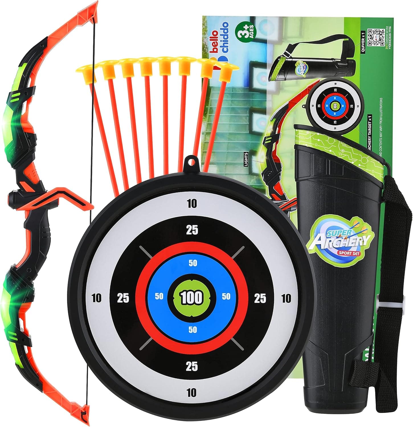 BELLOCHIDDO Bow and Arrow for Kids 4-6 - Kids Archery Set with LED Lights, Includes 8 Suction Cup Arrows, Target & Quiver, Indoor & Outdoor Toys for 3 4 5 6 7 8 9 10 11 12 Year Old Boys