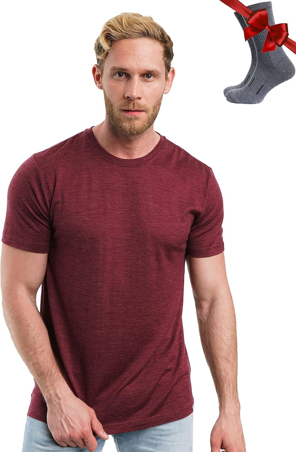 Merino.tech Merino Wool T-Shirt Mens - 100% Organic Merino Wool Undershirt Lightweight Base Layer + Hiking Wool Socks