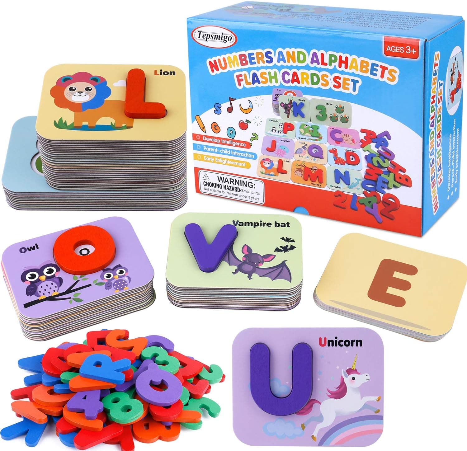 Tepsmigo Alphabet Flash Cards Games with Wooden Number ABC Letters for Toddlers & Kids All Ages & Years Olds – Homeschool Educational Kindergarten Preschool Learning Animal Flashcards Toys Puzzle