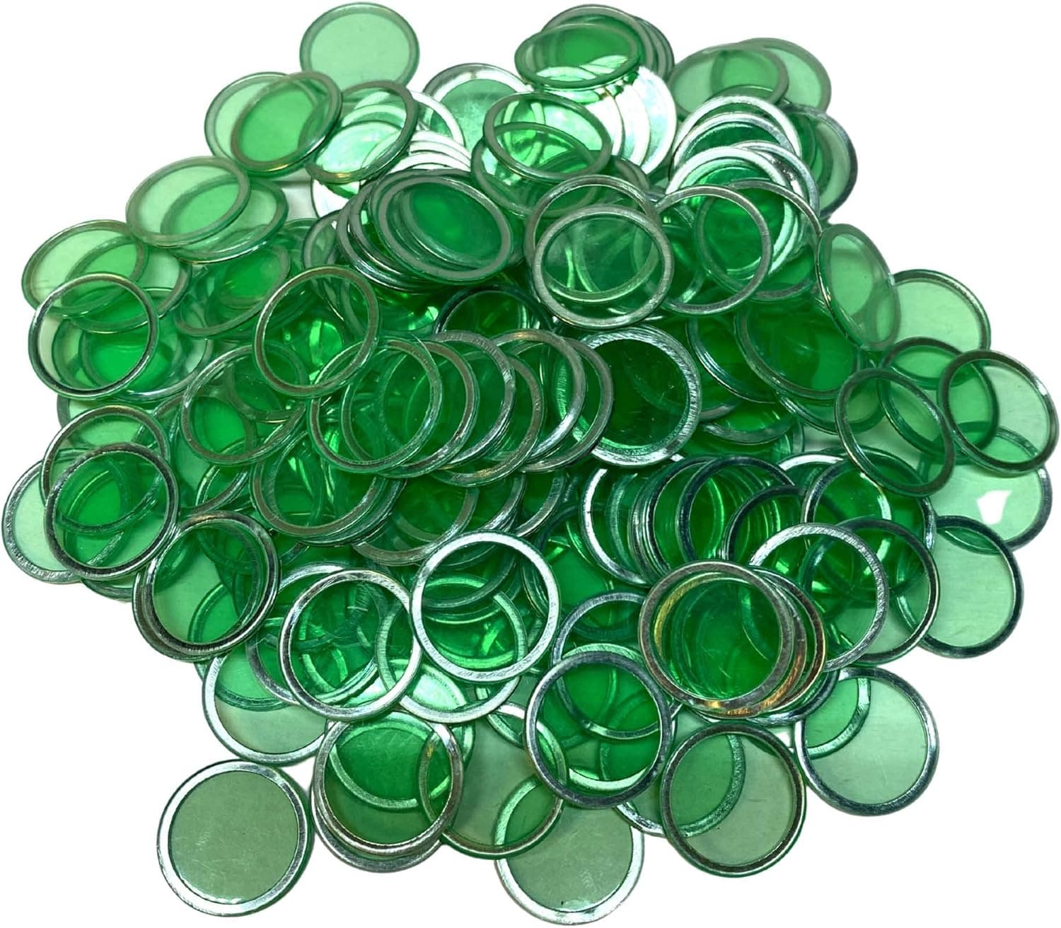 MR CHIPS Magnetic Bingo Chips with Metal Edge 3/4 Inch - 100 Upgraded Pieces Transparent Bingo Chips - Available in 7 Colors in A Reusable Bag