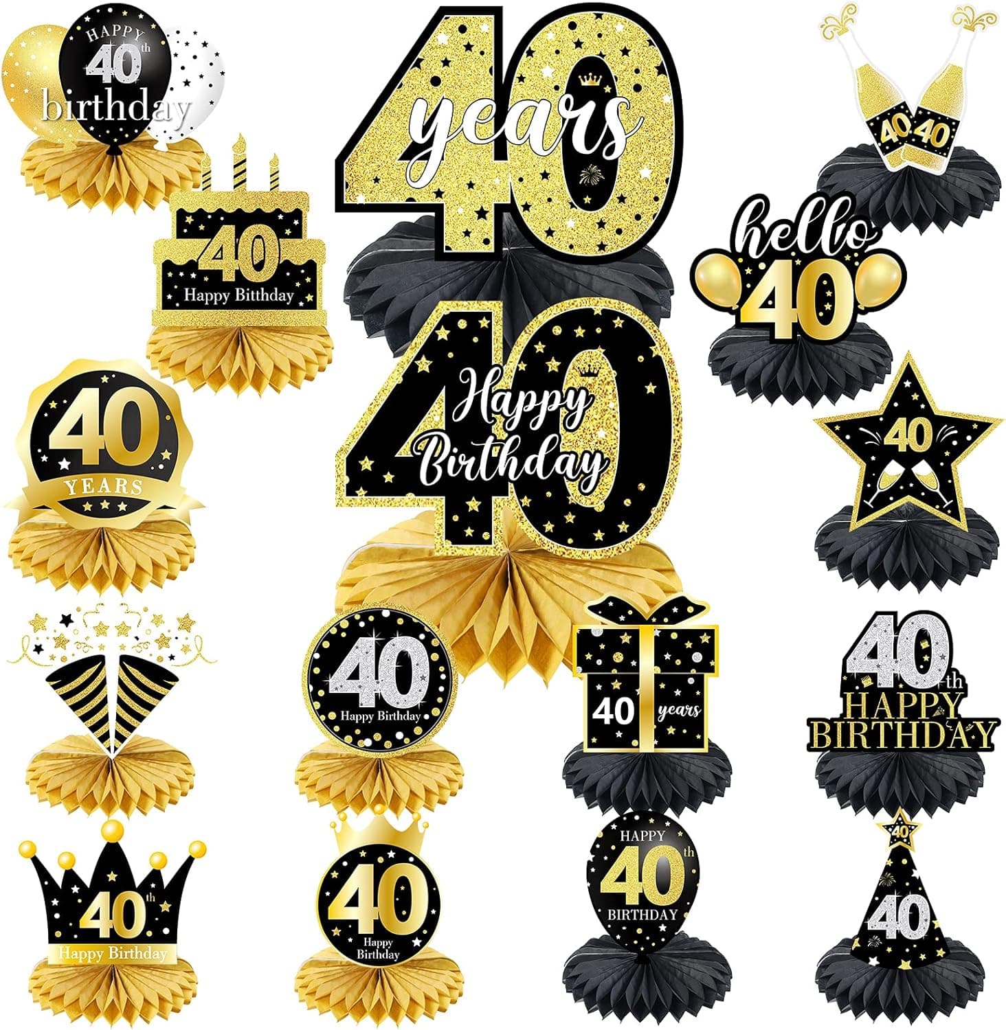 16Pcs 40th Birthday Table Honeycomb Centerpieces Decorations for Men Women, Happy 40 Birthday Party Table Centerpieces Supplies, Black Gold 40 Year Old Birthday Table Toppers Decor Sign