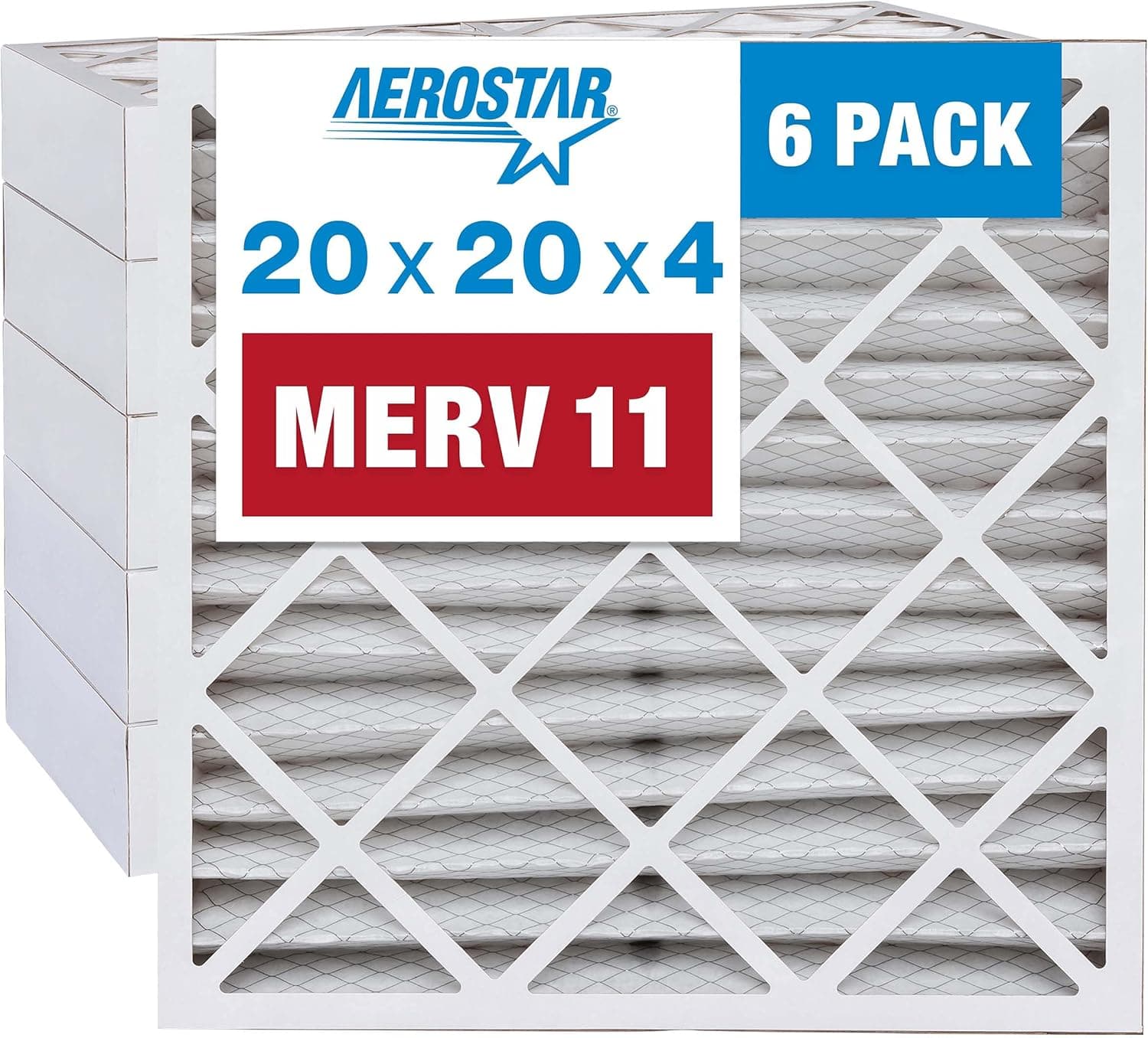 Aerostar 20x20x4 MERV 11 Pleated Air Filter, AC Furnace Air Filter, 6 Pack (Actual Size: 19 1/2"x19 1/2"x3 3/4")