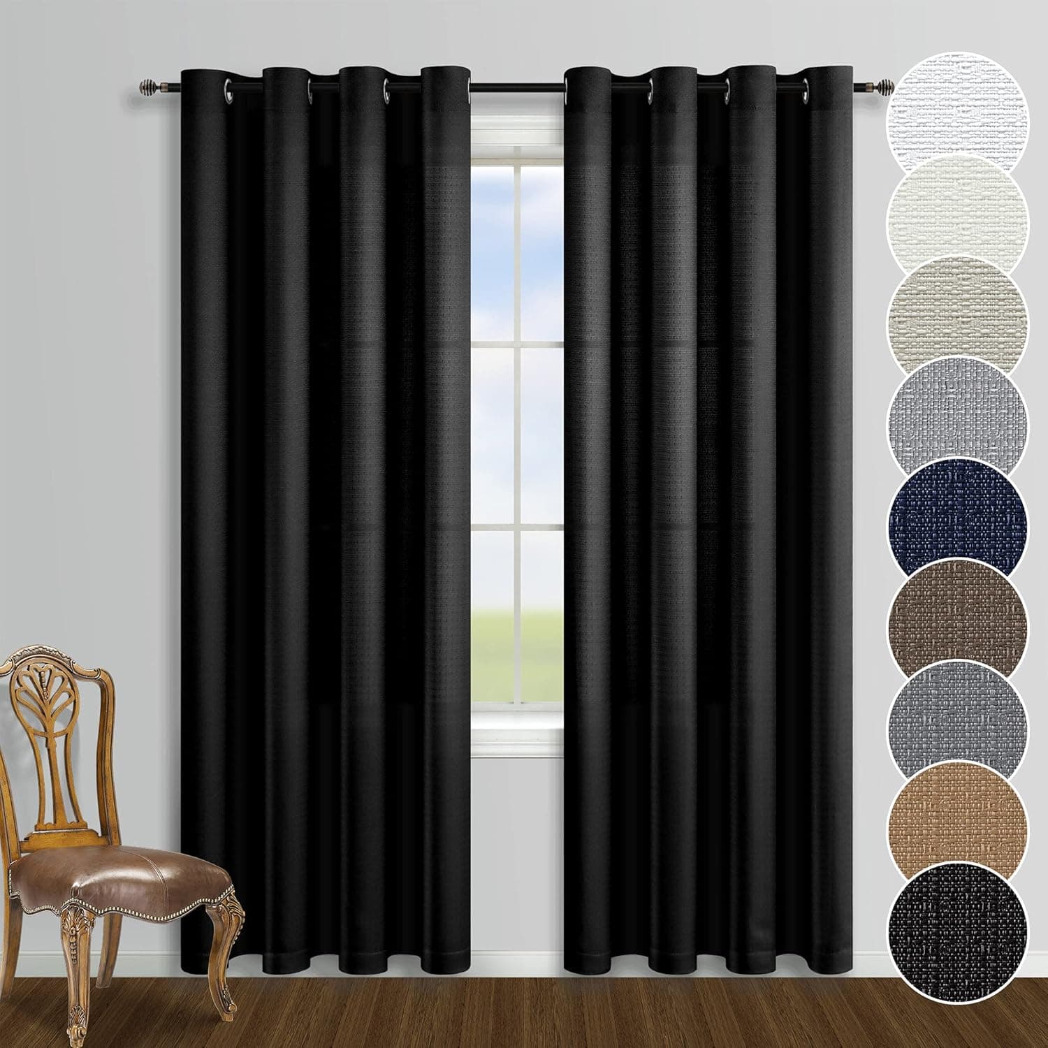 KOUFALL Semi Blackout Curtain Panels 84 Inch Length for Bedroom Set of 2 Pieces Grommet Faux Linen Light Filtering Sheer Window Drapes for Living Room 84 Inches Long Black