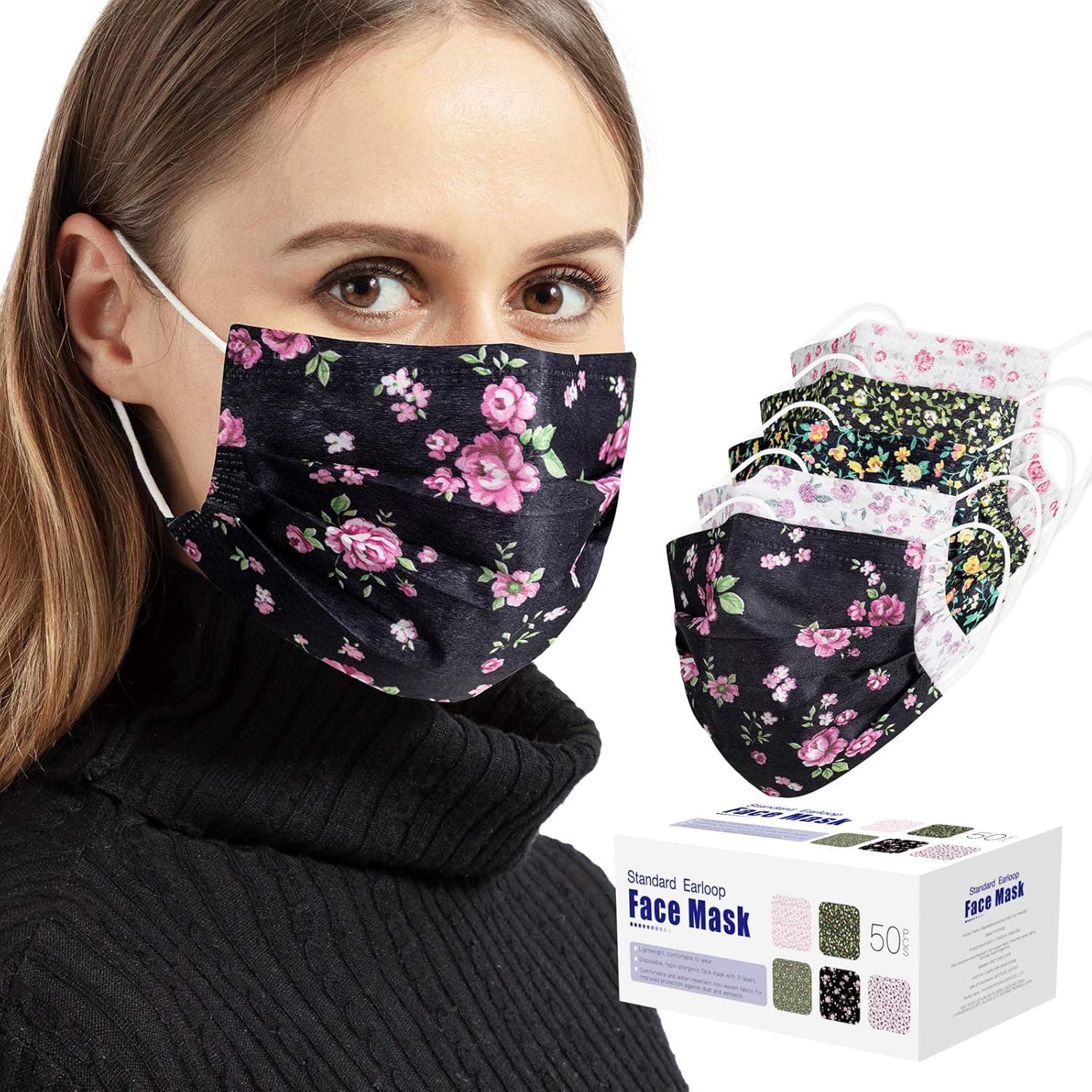 DXLOVER Disposable Floral Masks, 50 pcs of 3-Layer Elastic Masks and Elastic Ear Hooks, Breathable Masks-Prevent dust and air Pollution and Protect Family Health