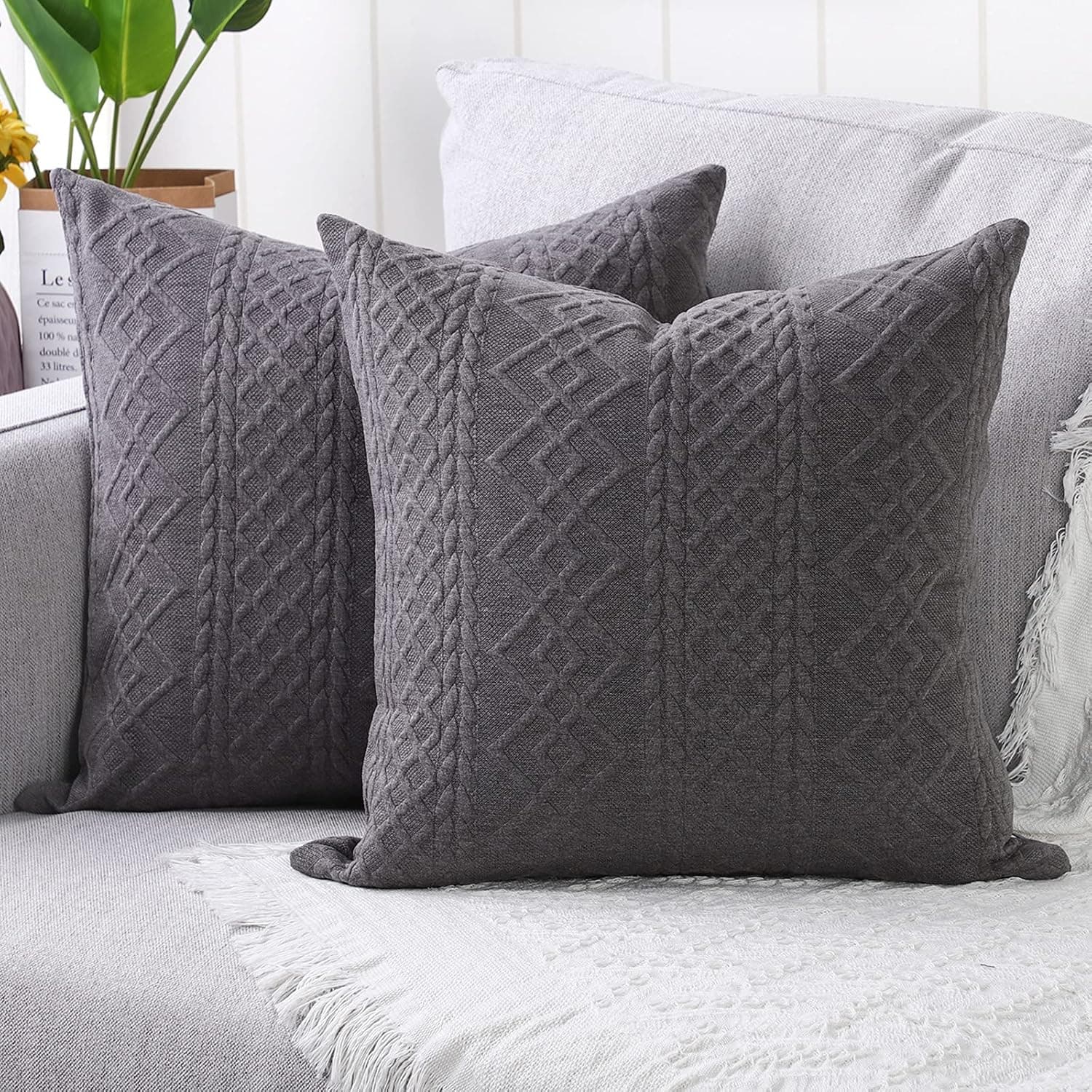 Yaertun Pack of 2 Super Soft Decorative Throw Pillow Covers Square Cushion Cases Pillowcases for Couch Sofa Bedroom Car Modern Embossed Patterned,20 x 20 inch,Deep Grey