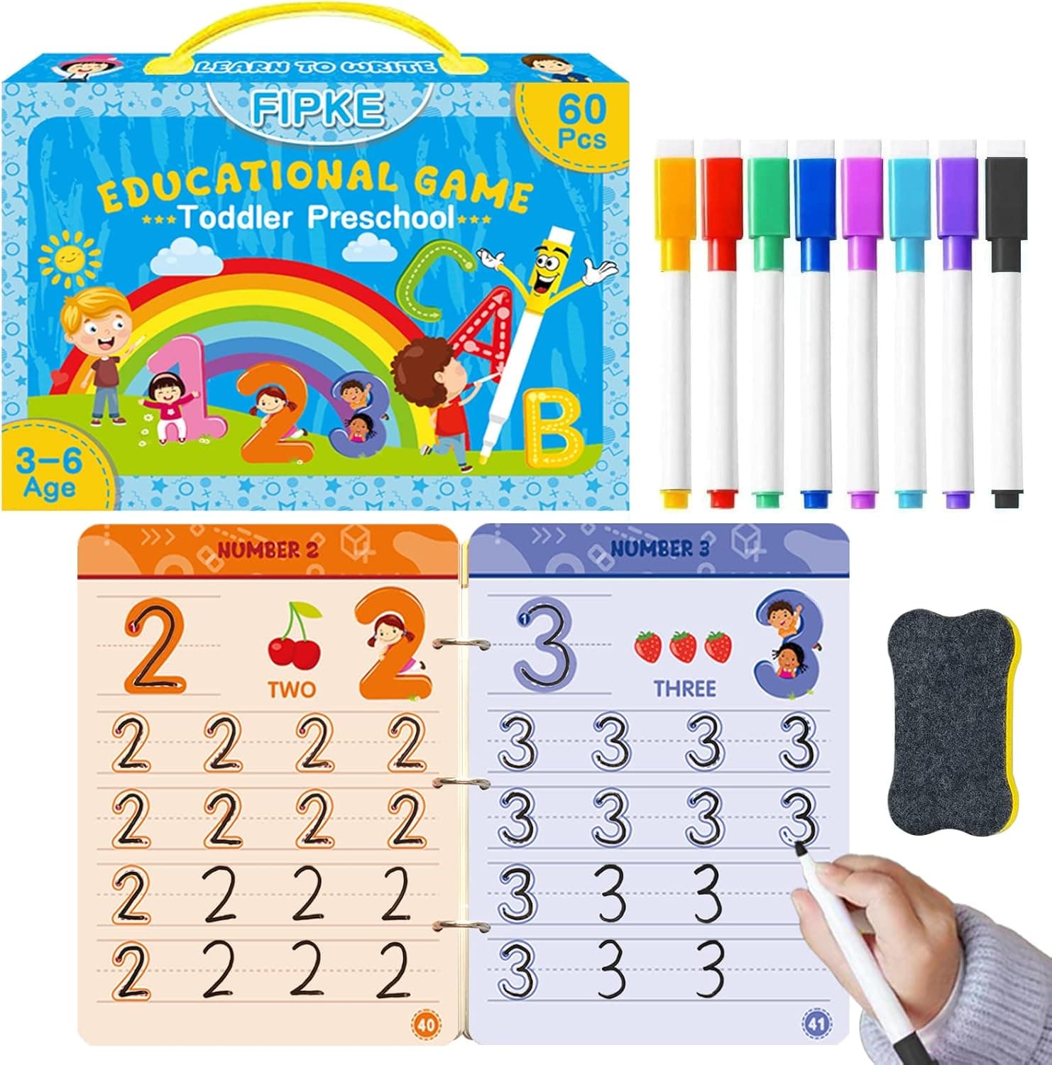FIPKE 60 Pages Preschool Learning Activities Handwriting Practice Book for Kids, Educational Montessori Toys for 3 4 5 6 Year Old Kindergarten Learning Game Autism Materials Busy Book for Toddlers