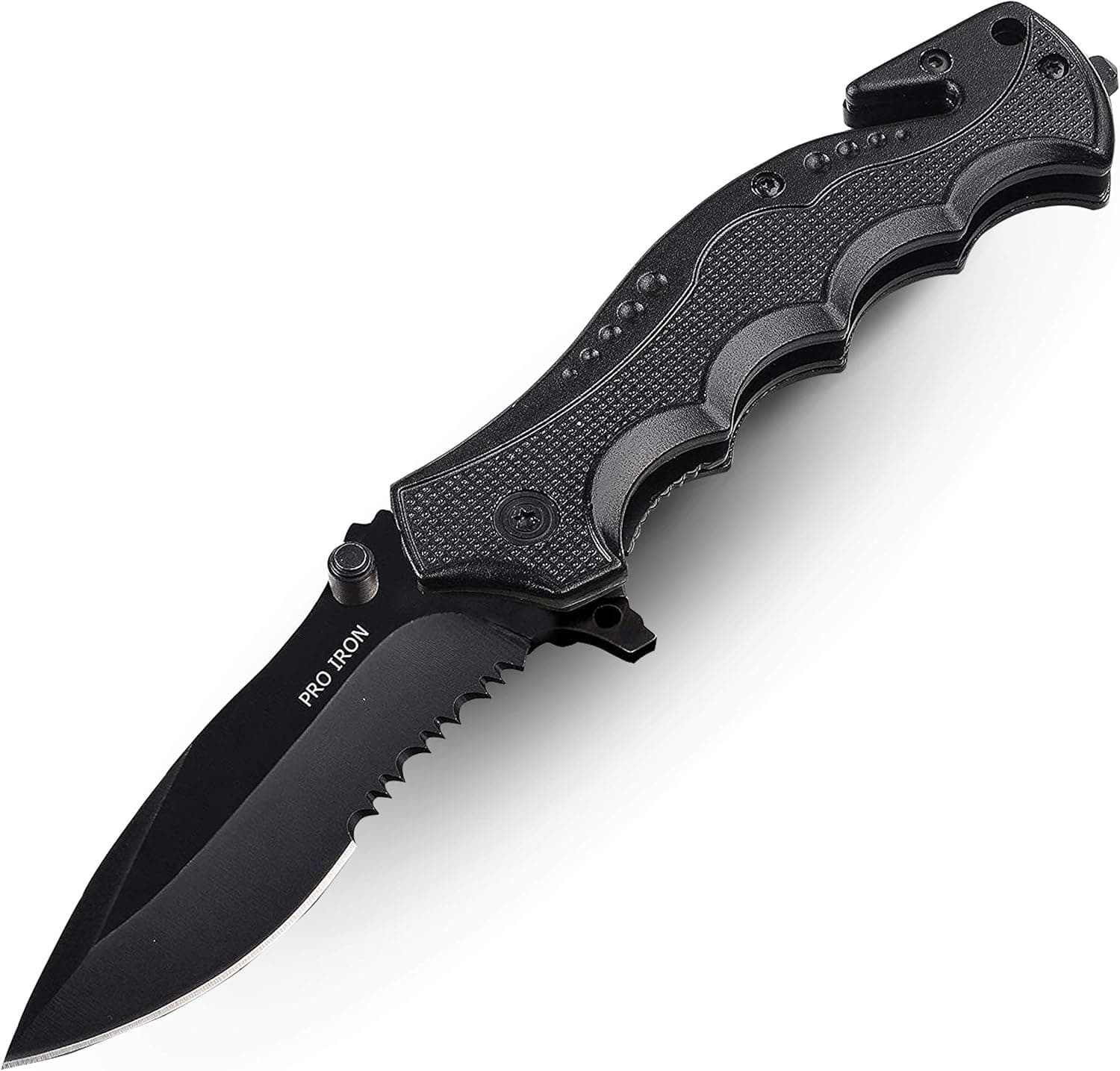 Pro Iron Assisted Opening Serrated Edge Outdoor Survival Camping Hunting Knife Stainless Steel Protective Black Oxide Coating Built-in Seat Belt Cutter and Carry Pocket Clip