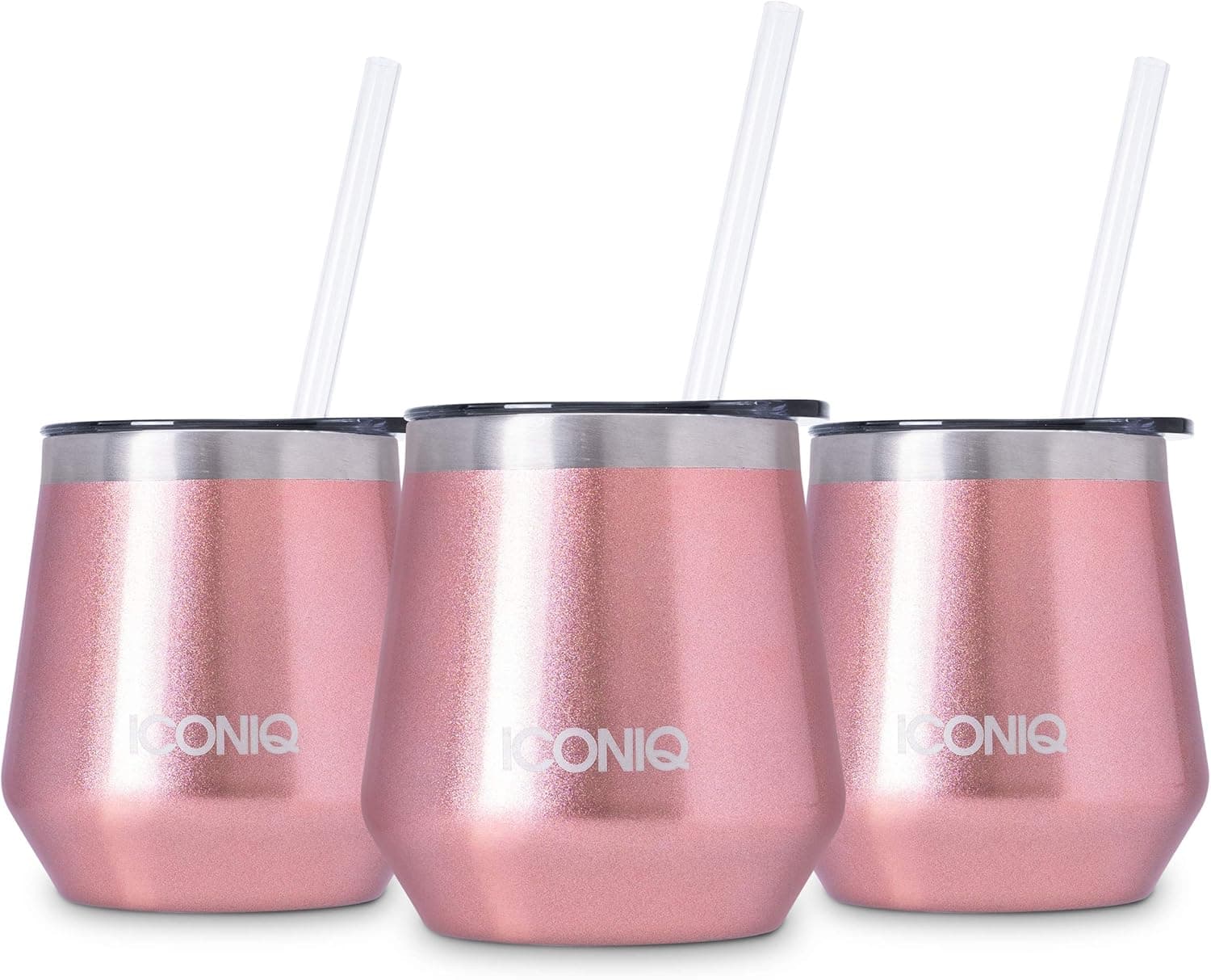 ICONIQ Cocktail Tumbler with Easy Sip Lid and Reusable Straw | 12 ounce | Set of 3 | Rose Gold