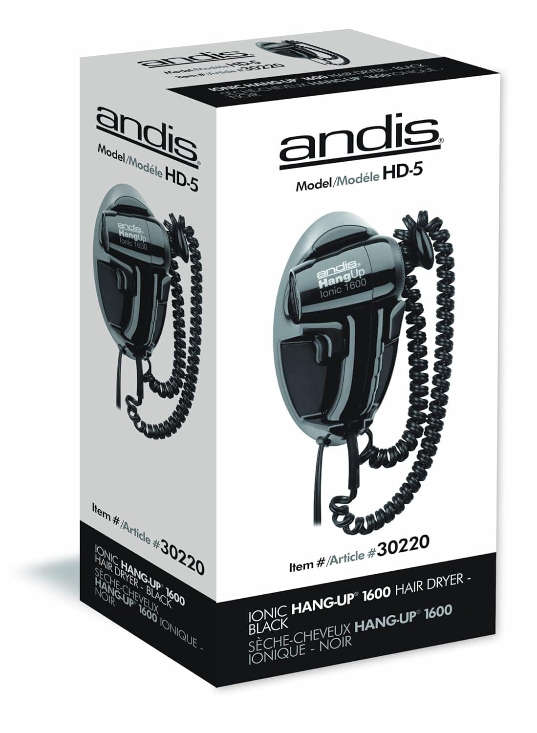 Andis Hangup 1600W Hair Dryer with Cord Hanger, Black (30220)