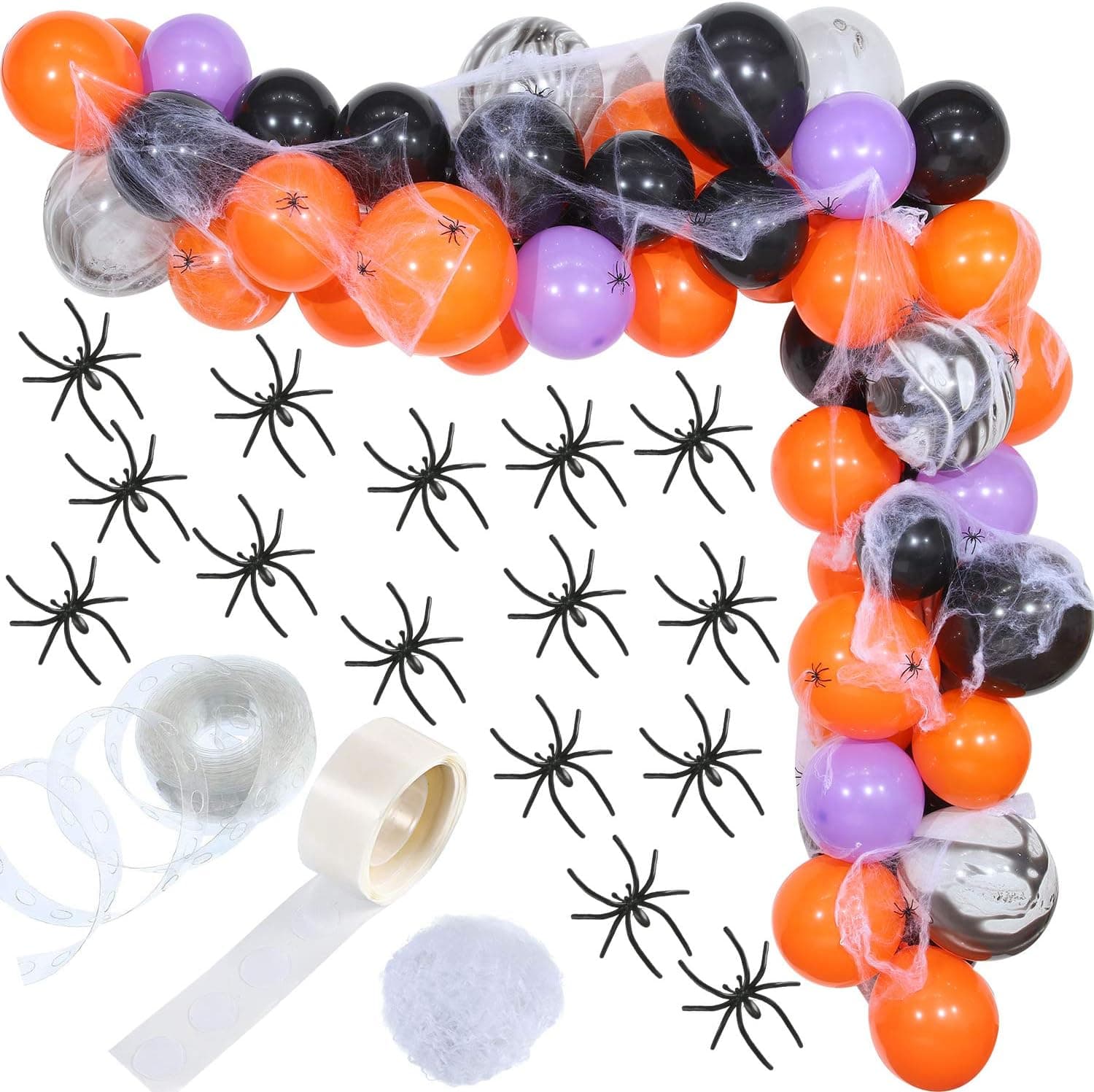 Hilynssher Halloween Balloon Garland Kit Black Orange Purple Balloons Arch with Halloween Spider Web and 24 Pieces Halloween Plastic Spiders for Halloween Decoration