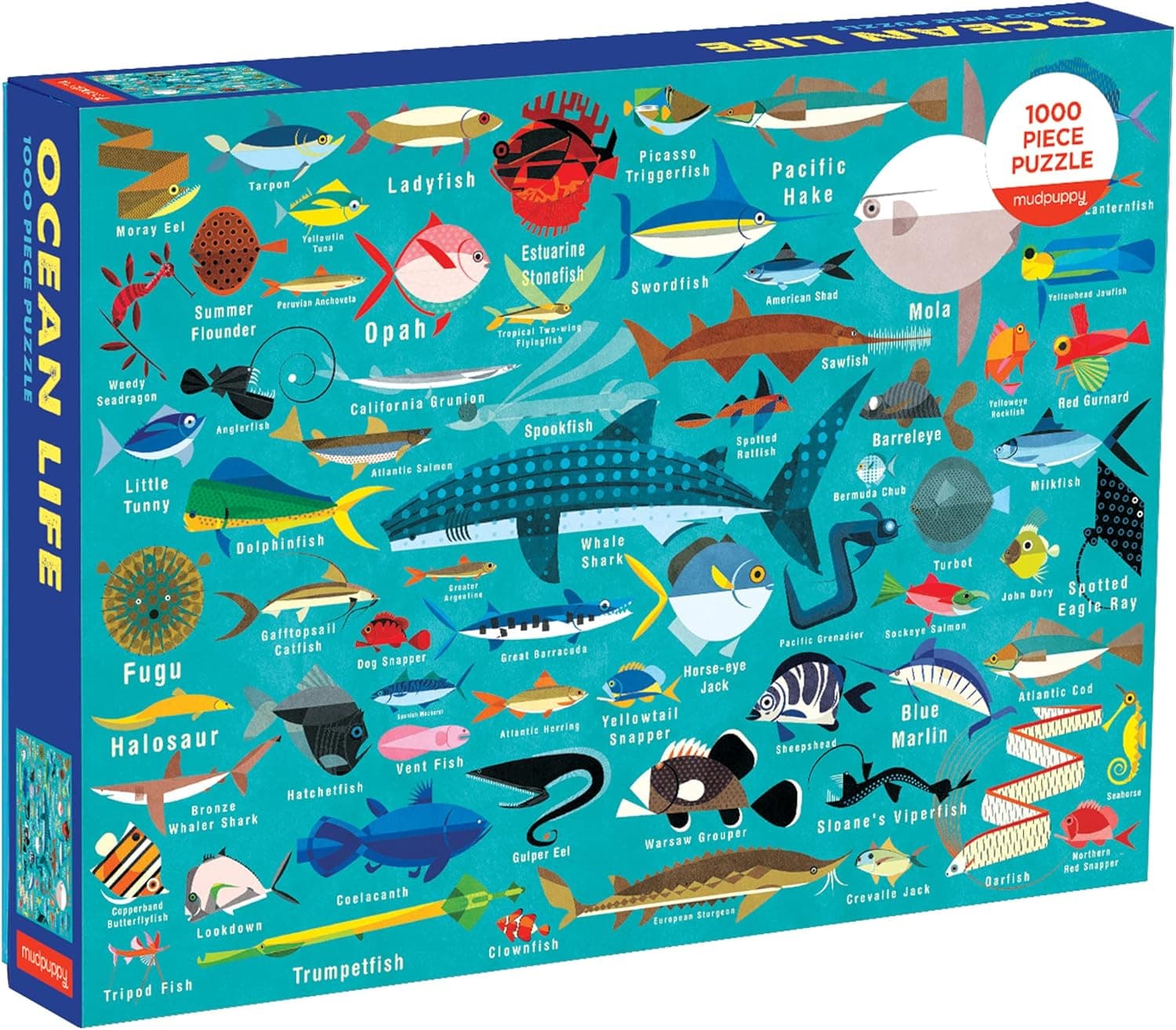Mudpuppy Ocean Life 1000 Piece Jigsaw Puzzle for Adults and Families, Family Puzzle with Colorful Illustrations of Fish, Sharks and Ocean Life , Blue
