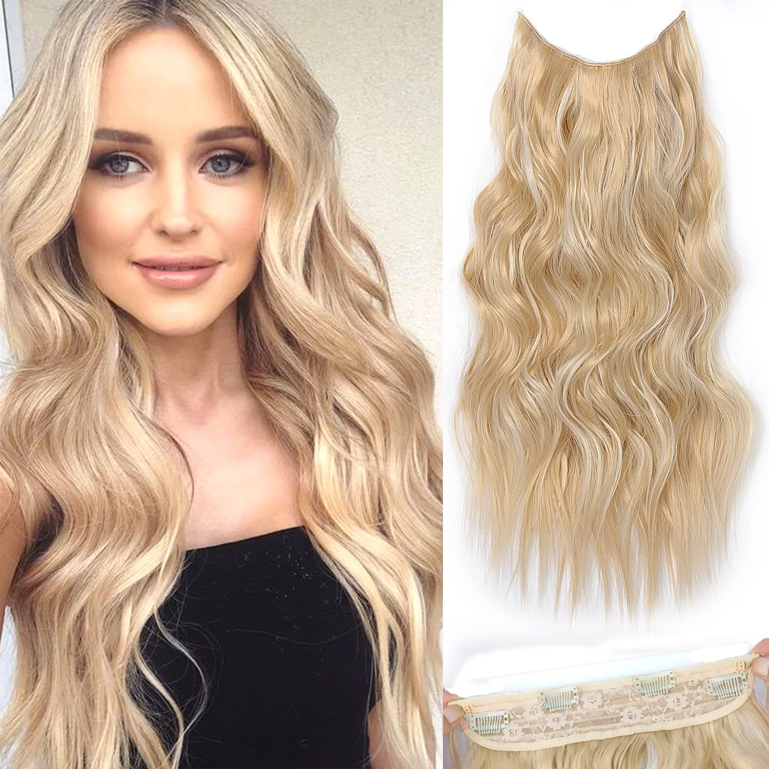 Lycheenea Halo Hair Extensions Beach Blonde Invisible Wire Hair Extensions with Transparent Wire Adjustable Size 4 Secure Clips 20 Inch Long Wavy Secret Hairpiece (Beach Blonde)