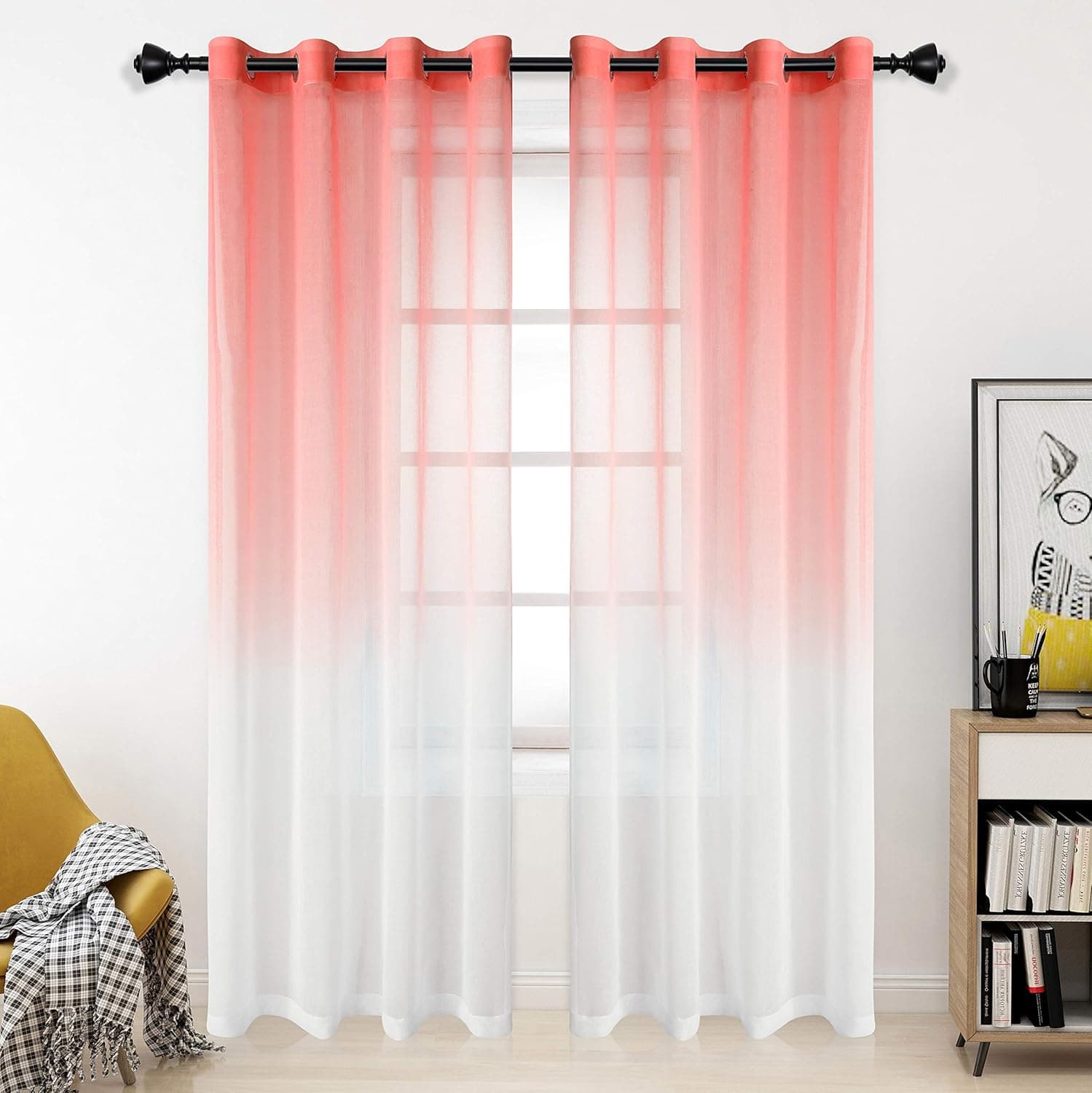 BERMINO Faux Linen Ombre Sheer Curtains, 54 x 95 inch, Coral - Grommet Gradient Voile Semi Sheer Curtains for Bedroom and Living Room, Set of 2 Curtain Panels