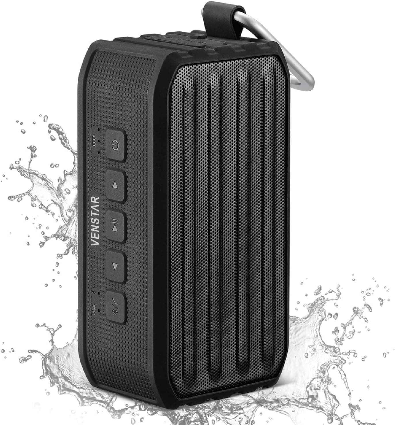 Venstar Waterproof Bluetooth Wireless Speaker, Mini Portable Handheld Super Bass 7W Drivers, TF/SD Card, 12 Hours Play & Carabiner Speakers for Outdoor Sport Shower Running Cycling Hiking – Black