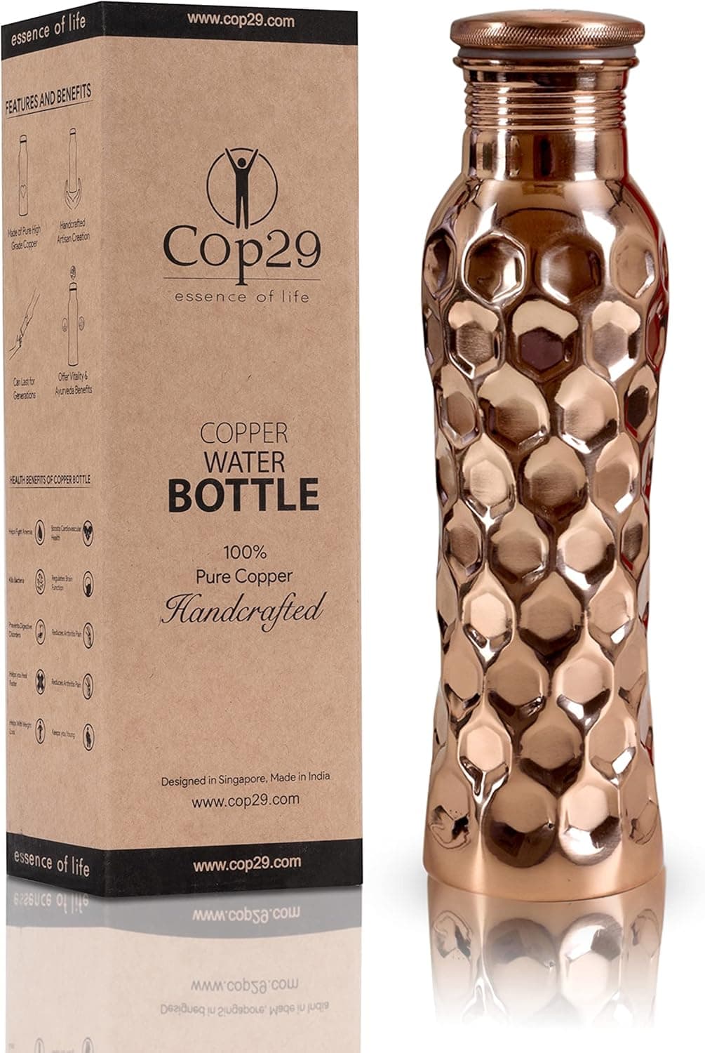 Cop29 Handmade Pure Copper Fairy Water Bottle: An Ayurvedic Copper Vessel, Gift Packing- 900ml/30oz (Glossy Honeycomb)
