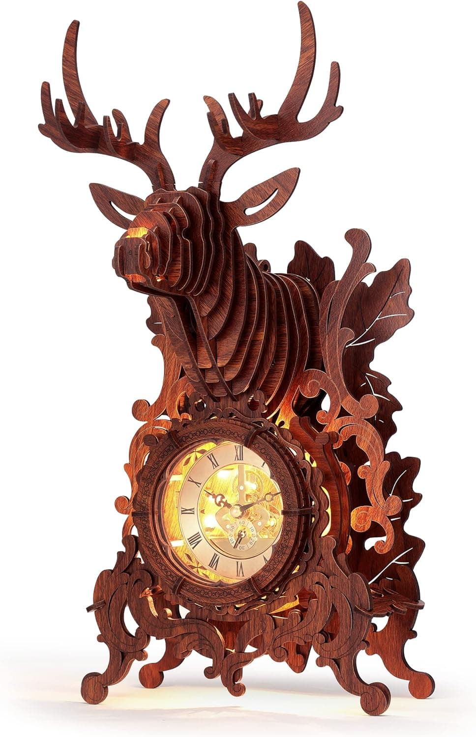FUNPOLA LED 3D Wood Puzzle Deer Clock, 3D Wooden Puzzle Elk Clock Building Model, Home Décor 3D Wooden Puzzle for Adults/Teens (Wood, Yellow Light)