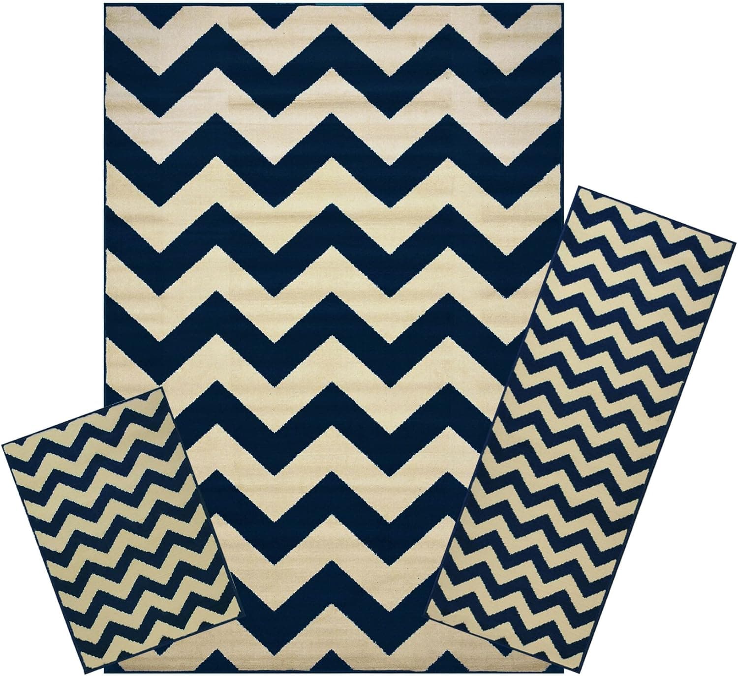 Modela Collection Area Rug 3pc Set Area Rug, Runner, and Doormat Set (Chevron Navy Blue)
