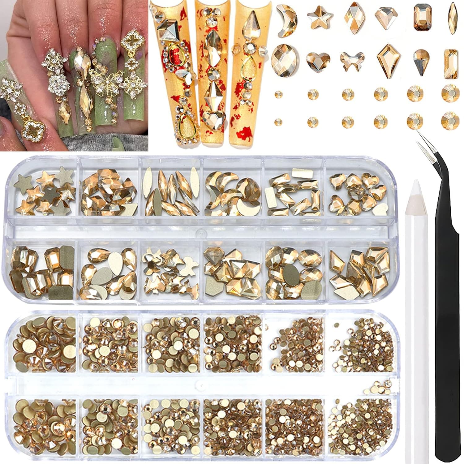 RODAKY Champagne Gold Nail Art Rhinestones 2120Pcs Multi-Shape Rhinestone for Nail Design Flatback Crystals Gemstones Nail Charm Jewels Decoration Diamonds for Nails Craft DIY Clothes Shoes