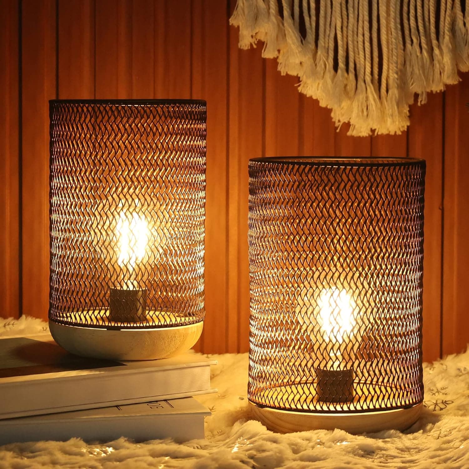 NEEDOMO Set of 2 Battery Operated Lamp LED Table Lamp, Vintage Outdoor Lantern Lamp with LED Bulb, Metal Cage Cordless Accent Light for Wedding Patio Bedroom Living Room Indoors Outdoors