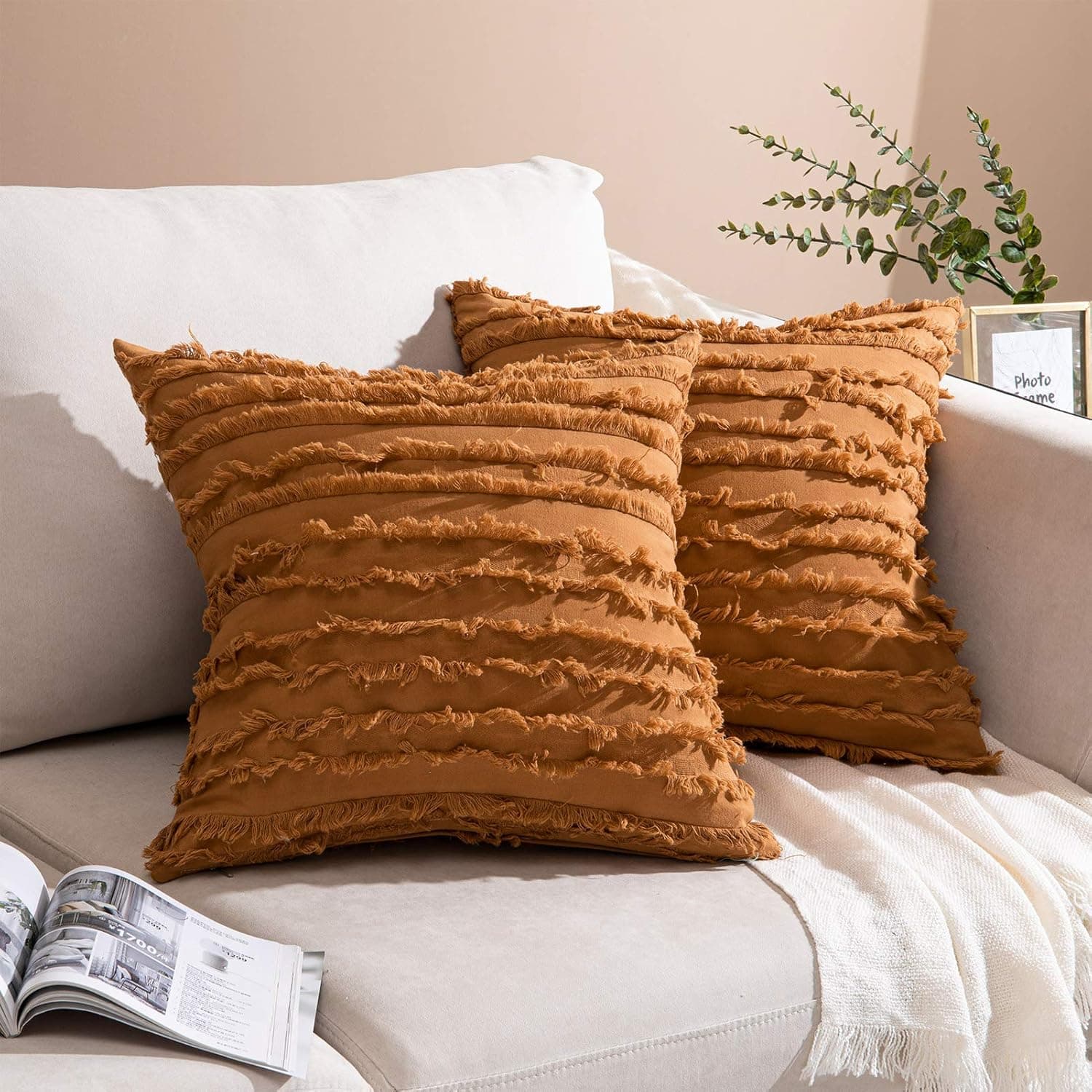 Noledar Boho Throw Pillow Covers 20 x 20 Set of 2, Decorative Outdoor Linen Cushion Covers for Couch Bed Car 50 x 50 cm, Orange