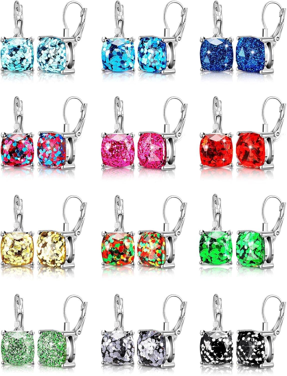Hicarer 12 Pairs Faux Druzy Stud Earrings Square Glitter Stud Earrings Bohemian Druzy Pierced Earrings Jewelry for Women Girls