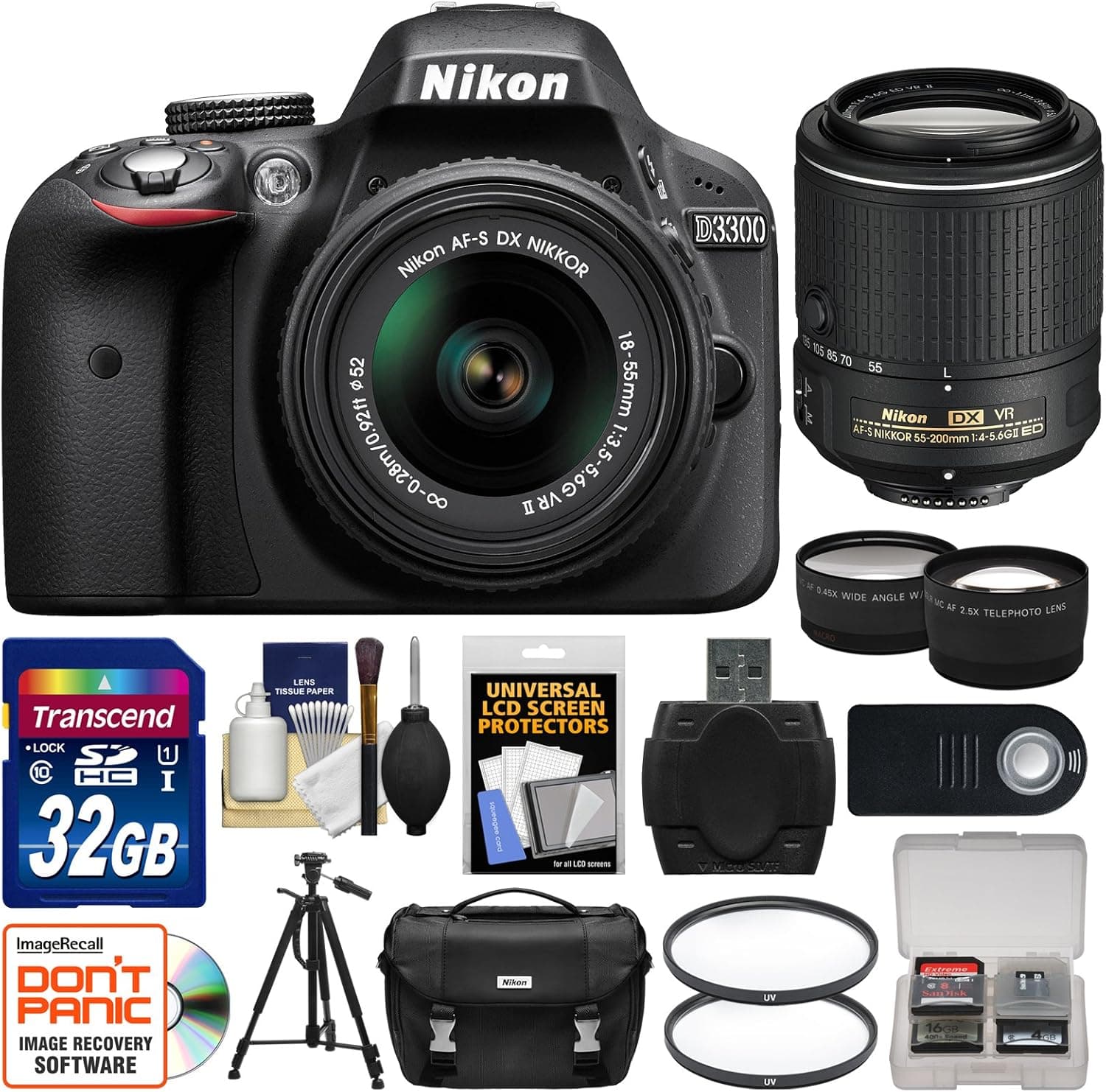 Nikon D3300 DSLR Camera w/ 18-55mm VR, 55-200mm VR Lenses + 32GB Card + Case + Tripod + Tele/Wide Lens Kit (Certified Refurbished)