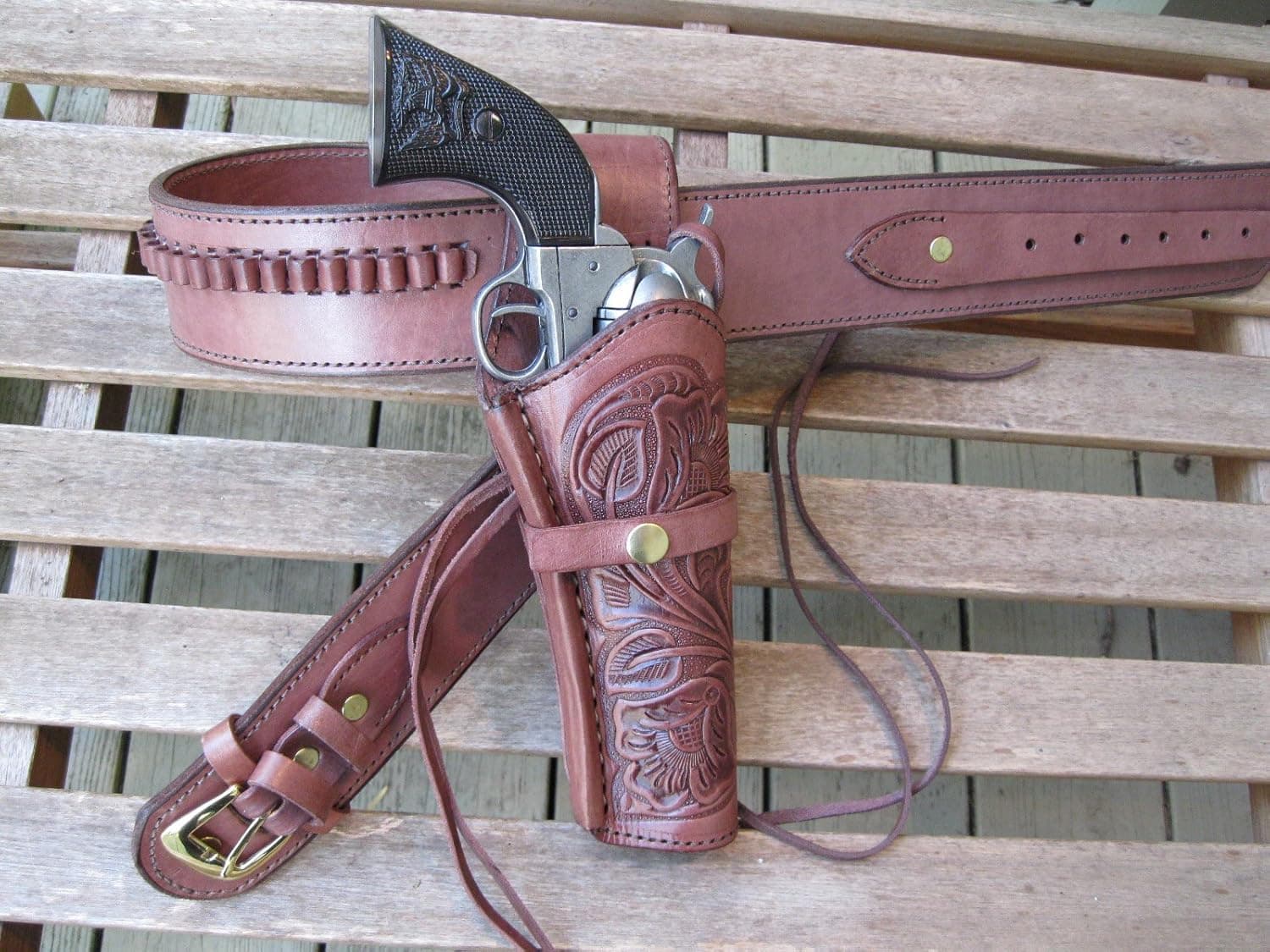 Country Western USA Burgundy Leather .22 Caliber Gun Belt and Right Handed Tooled Holster Combination