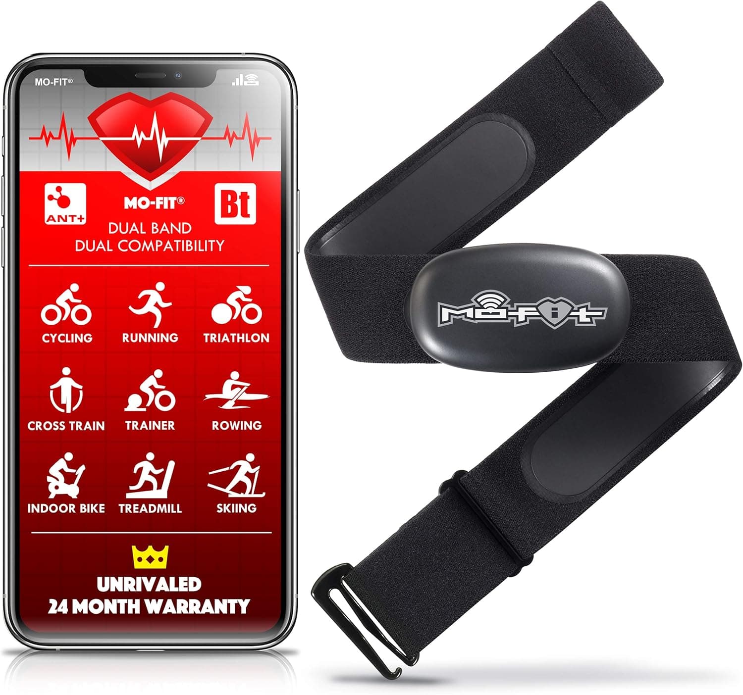 Mo-Fit Heart Rate Monitor Chest Strap for Garmin, Apple, Android, Peloton, Zwift, Strava, ANT+ and Most Bluetooth 4.0 Enabled Fitness Devices