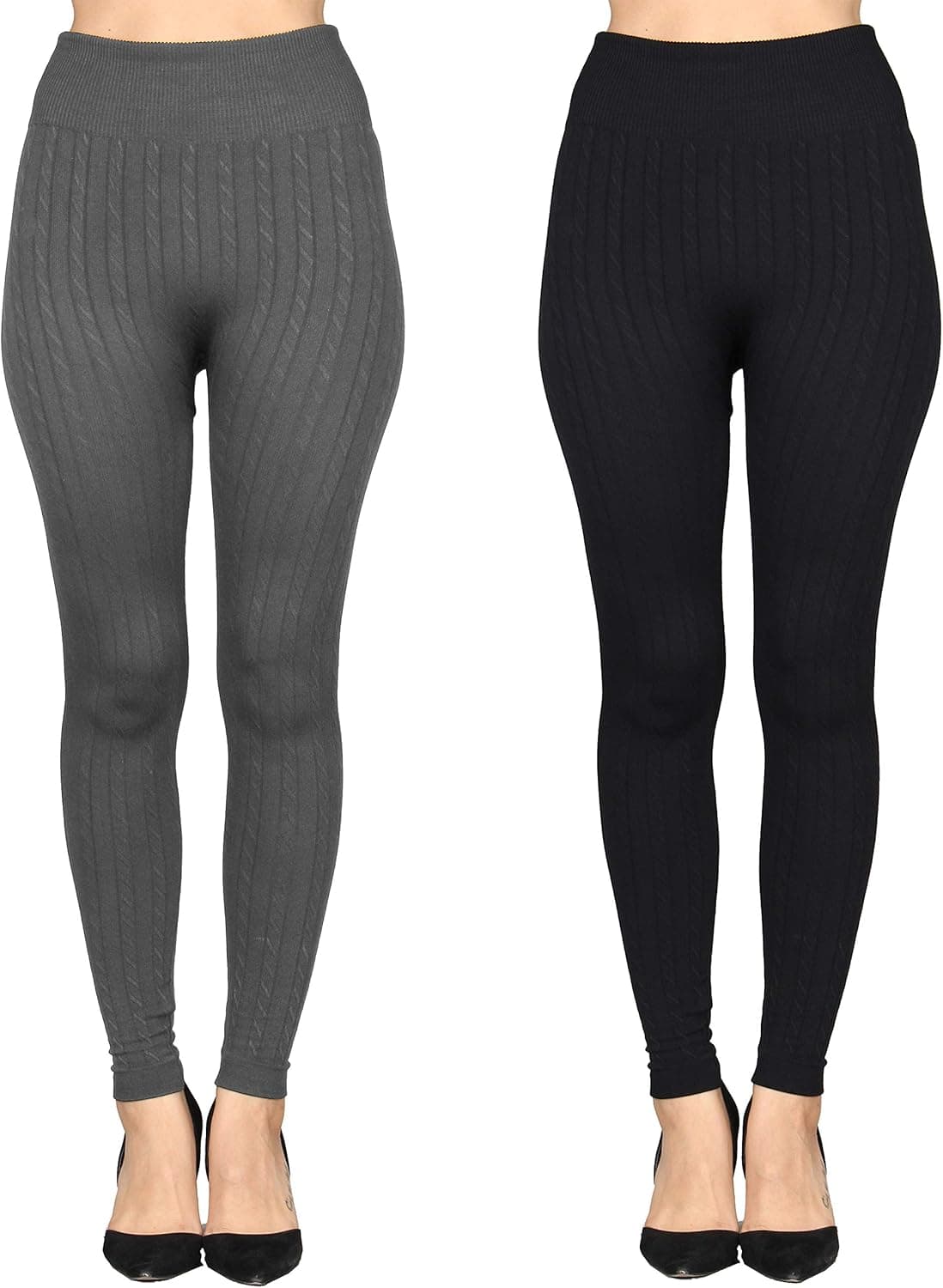Lildy Women's Textured Seamless Fleece Leggings (2 Pack) High Waistband No See-Through Stretchable Material