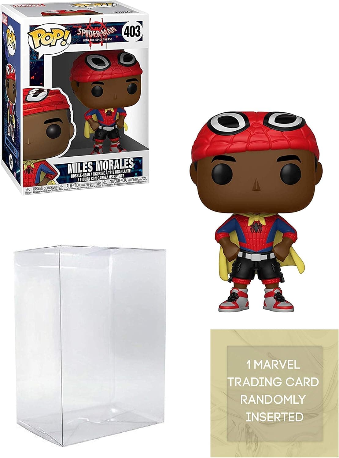 Funko Spider-Verse Miles Morales with Cape Pop Figure Bundle with Protector Case & 1 Marvel Trading Card