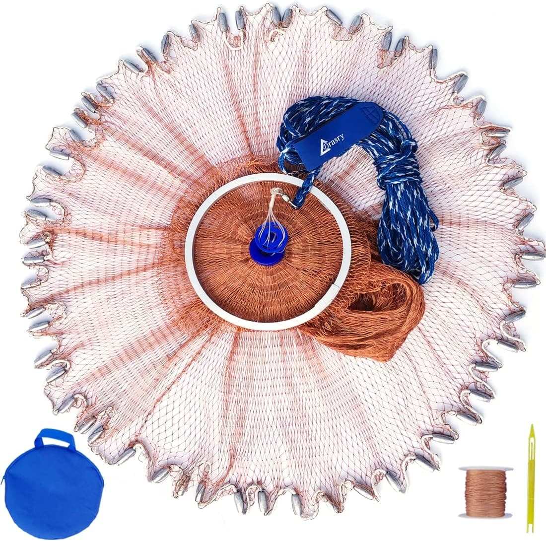 Drasry Saltwater Fishing Cast Net with Aluminum Frisbee for Bait Trap Fish Throw Net. Size 4FT/5FT/6FT/7FT Radius Freshwater Casting