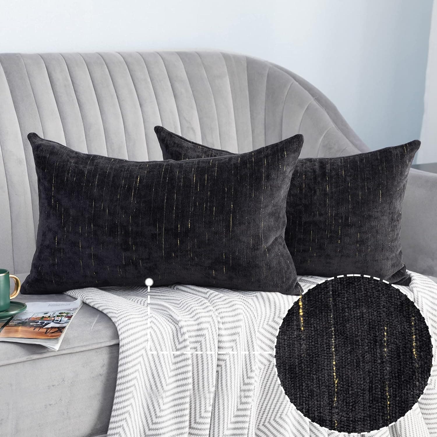 Lipo Thick Chenille Pillow Covers 12x20 - Set of 2 Throw Pillow Covers, Decorative Lumbarlumbar Soft Cushion Case, Home Decor for Couch, Bed, Sofa, Bedroom, Car (Black, 12X20 Inch)